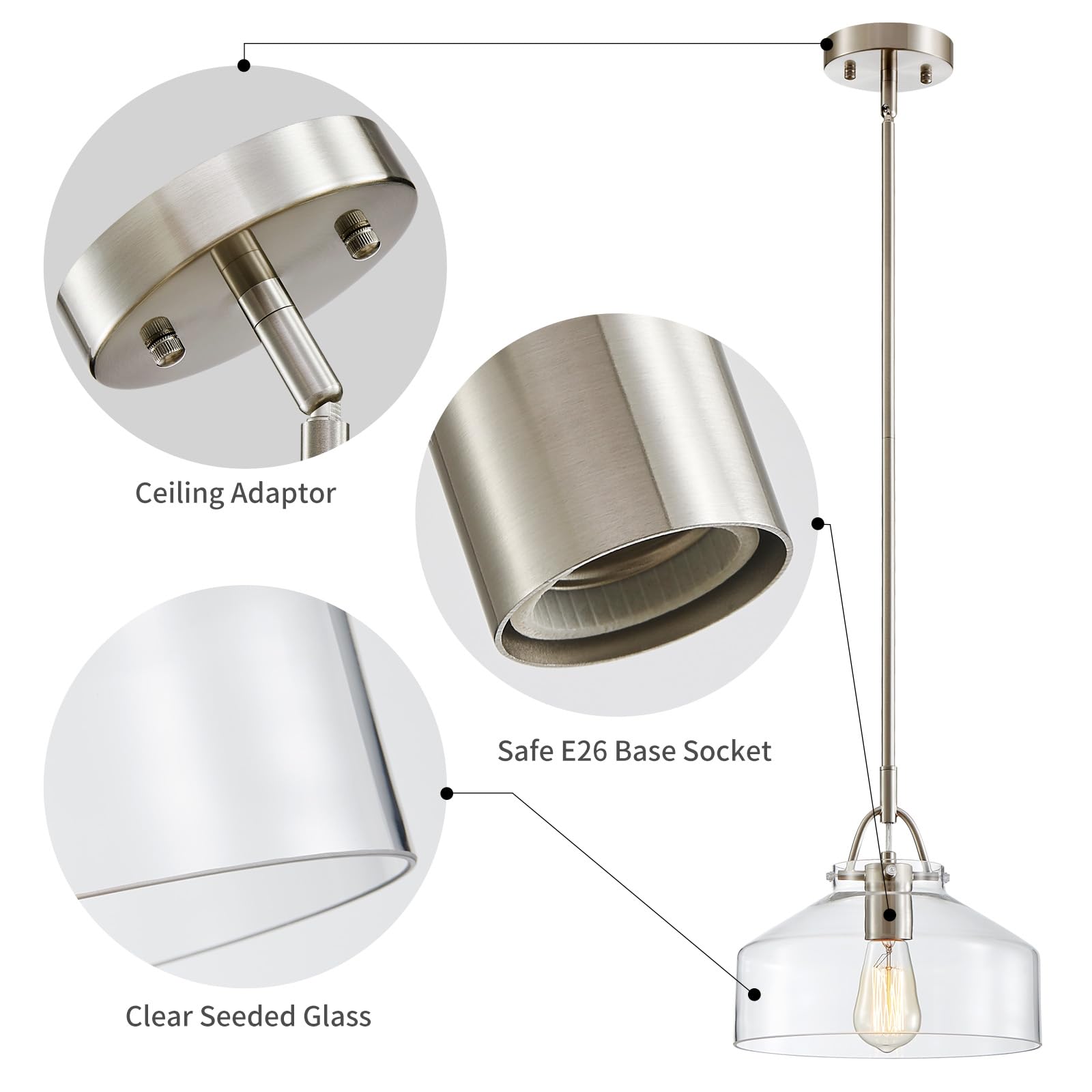 WUZUPS Chandelier Pendant Light, Rustic Farmhouse Round, 9.4"H x 10.6"W, Brushed Nickel, Clear Glass Shades, Model USHD0351N