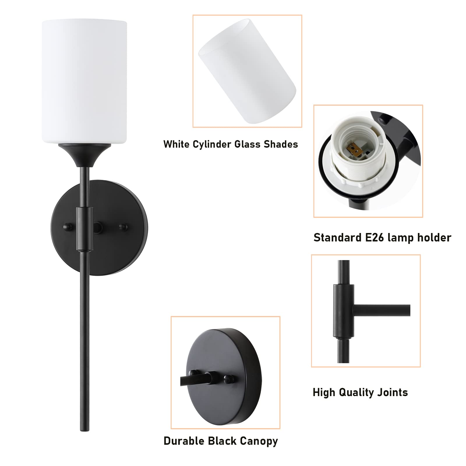 BYOLIIMA Mid Century Modern Wall Lamp 2 Pack - Black Metal Sconce with White Glass Shades for Bathroom, Bedroom, Living Room Lighting