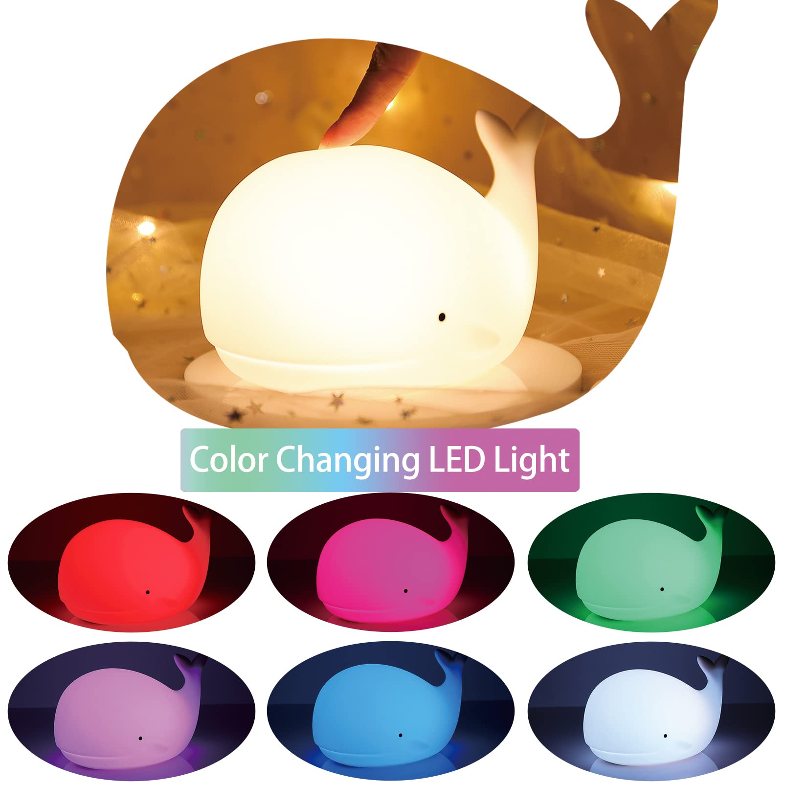 Zklili Children'S Night Light Cute Whale Light, 16 Colors+Touchable+Silicone Children'S Night Light, Usb Rechargeable Whale Nigh