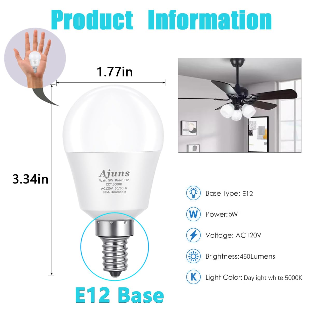 Ajuns Led Ceiling Fan Light Bulbs 40W Equivalent 120V Led Candelabra Bulb 5W Daylight White 5000K,Used For Branch Chandeliers, V