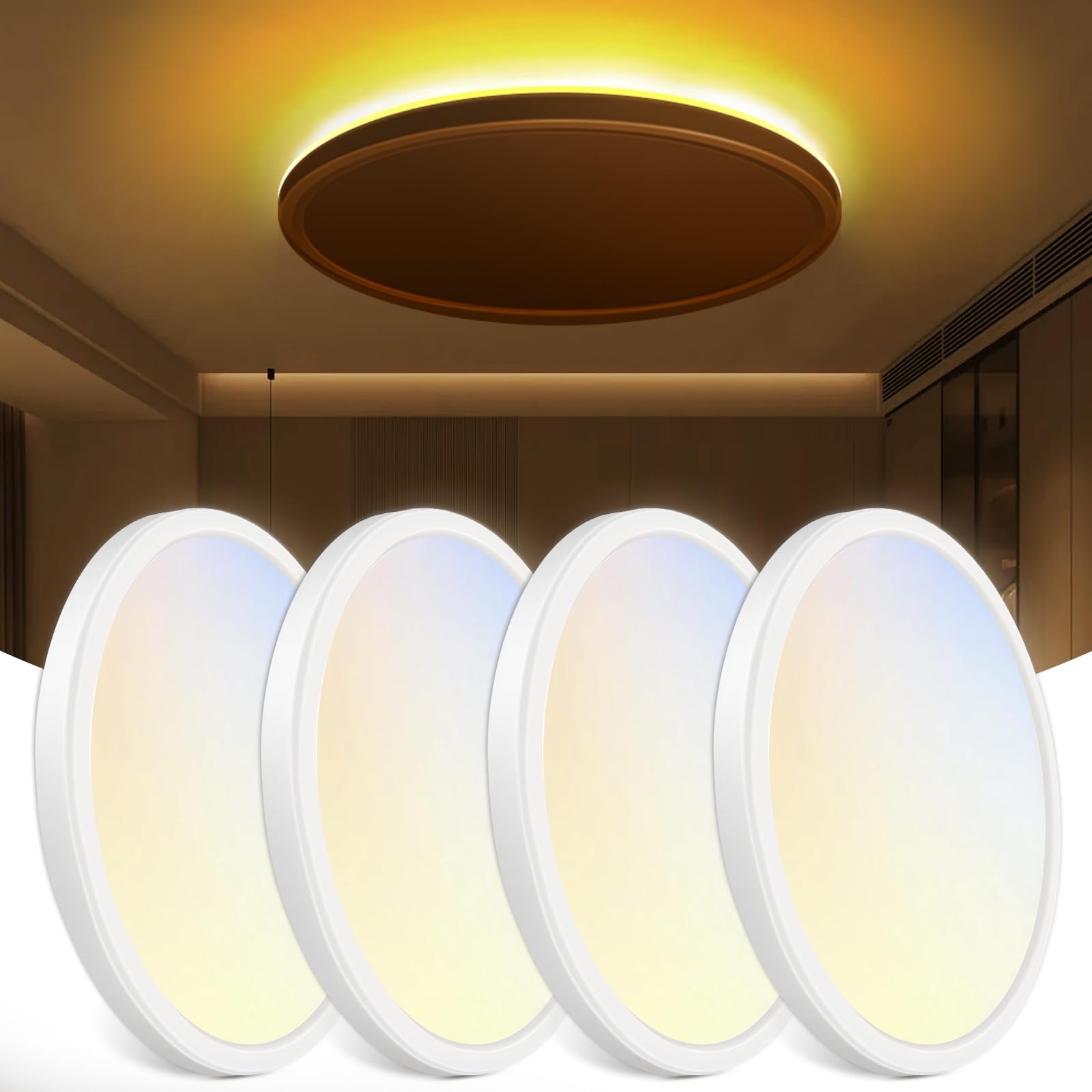 zemty 12 Inch LED Ceiling Light with Night Light 1800K, 4 Pack 3000K/4000K/6500K Dimmable Ceiling Light Fixtures with Remote Con