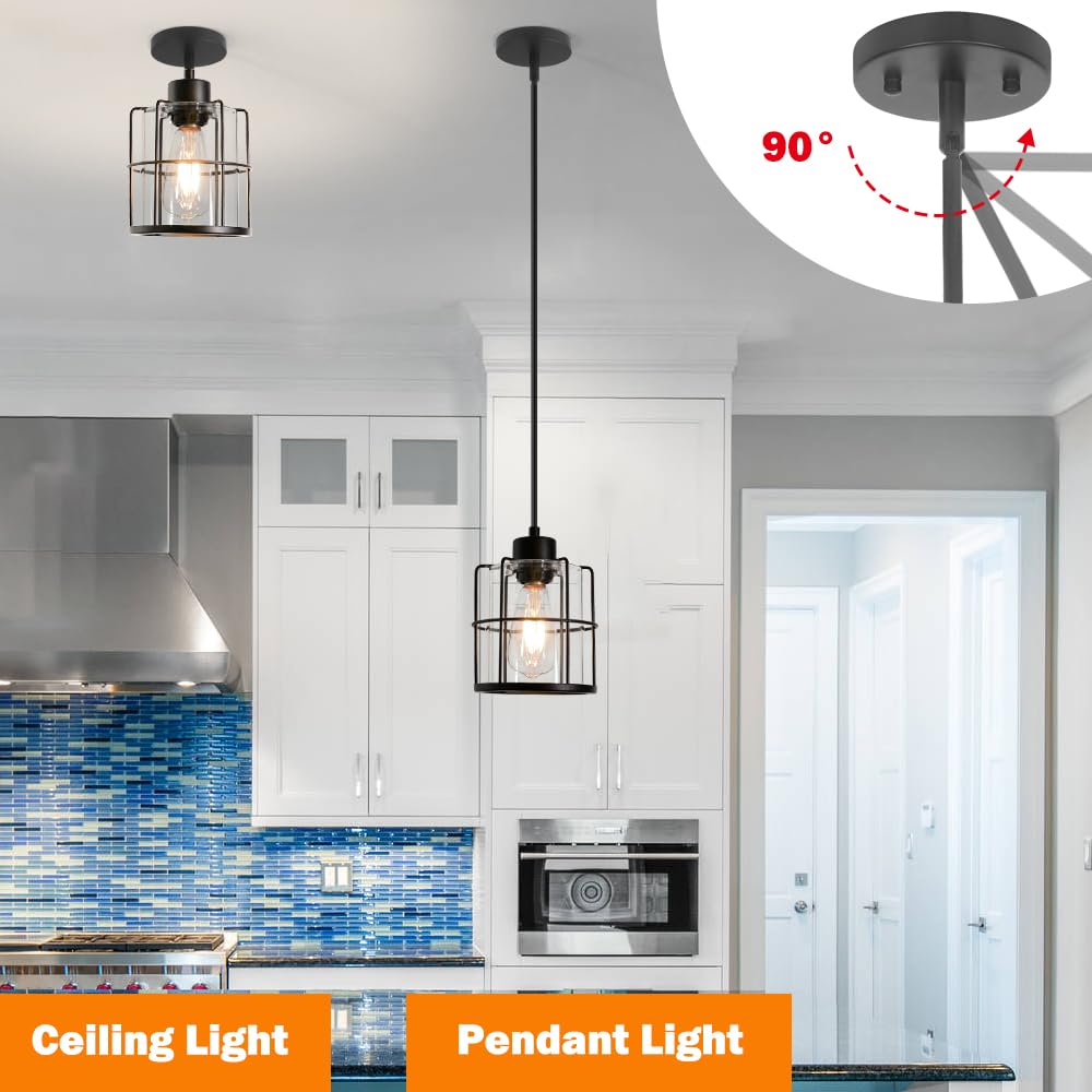 DSMJFU Farmhouse Pendant Lights Set of 2, Black Metal with Clear Glass, Adjustable Rods, Industrial Style for Kitchen Island and Bathroom