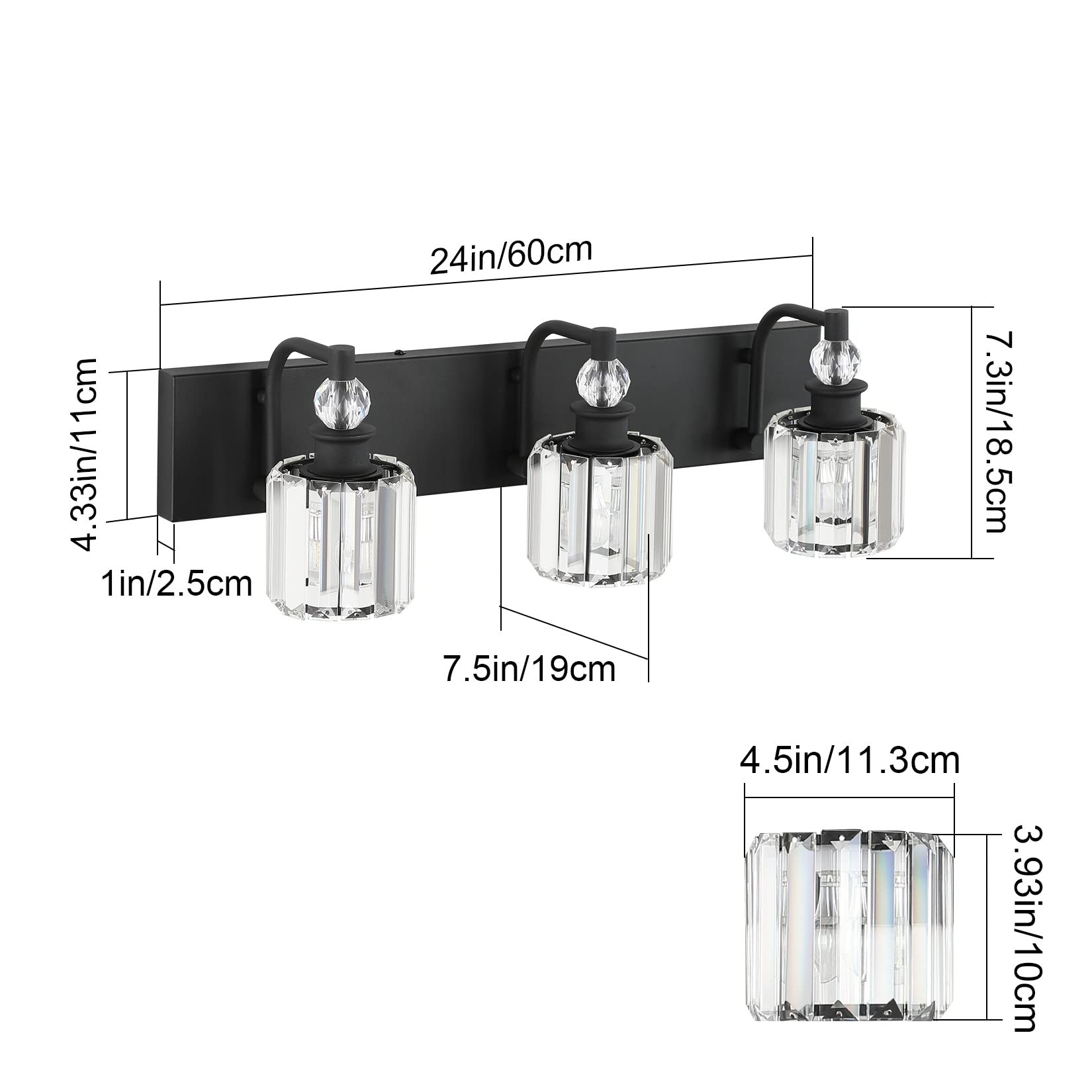 Ralbay 3 Light Bathroom Vanity Lights - Matte Black Crystal Fixtures, 24 Inch, Model 8605, Modern Over Mirror Design