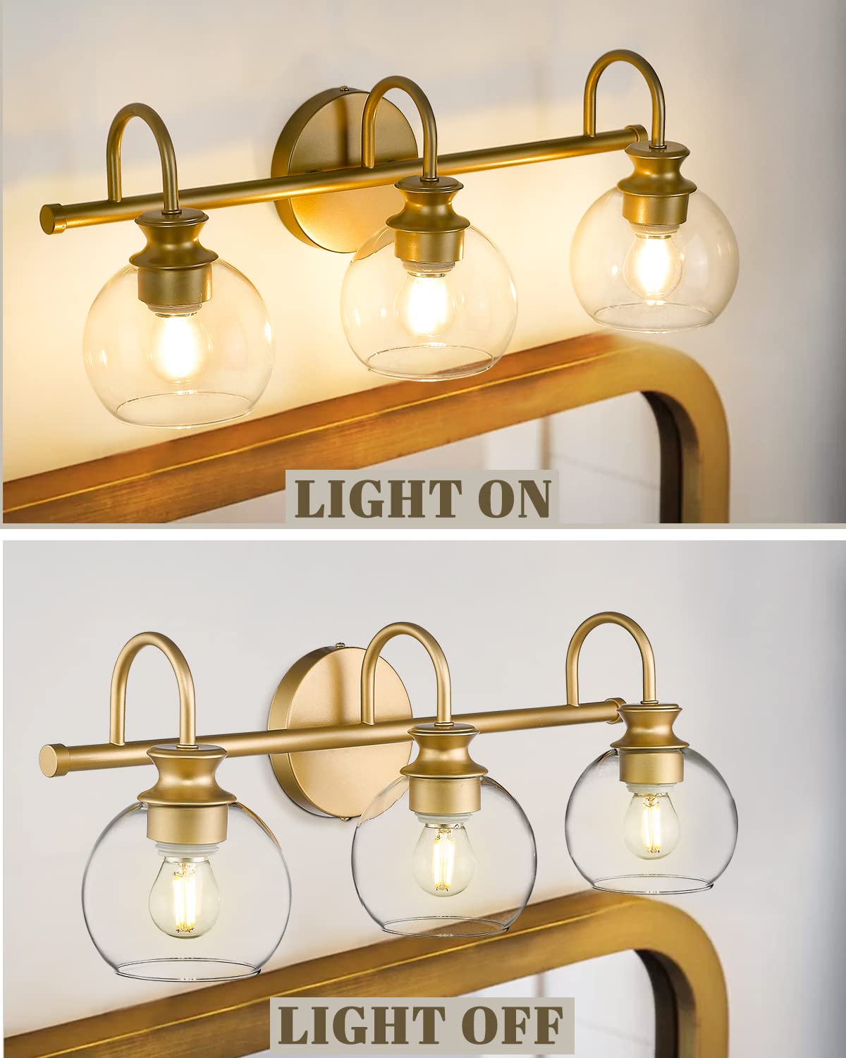 Hanass Gold 3-Light Globe Bathroom Vanity Light Fixture With Glass Shade, 21 Inch