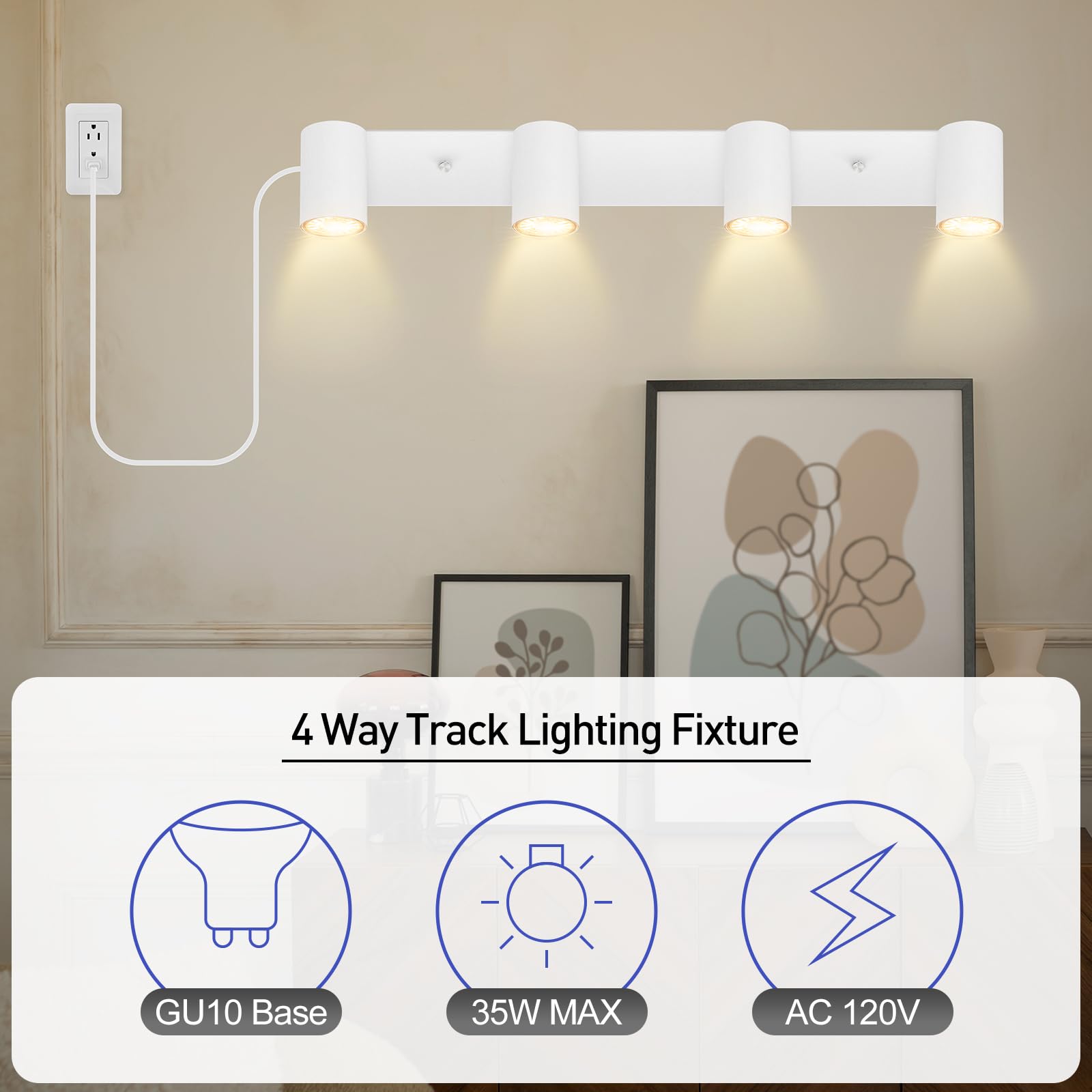 Boostarea Led Track Lighting Ceiling Fixtures, White 4-Light Plug In Track Lights For Kitchen, 4 Way Ceiling Spotlight, 15 Ft Co