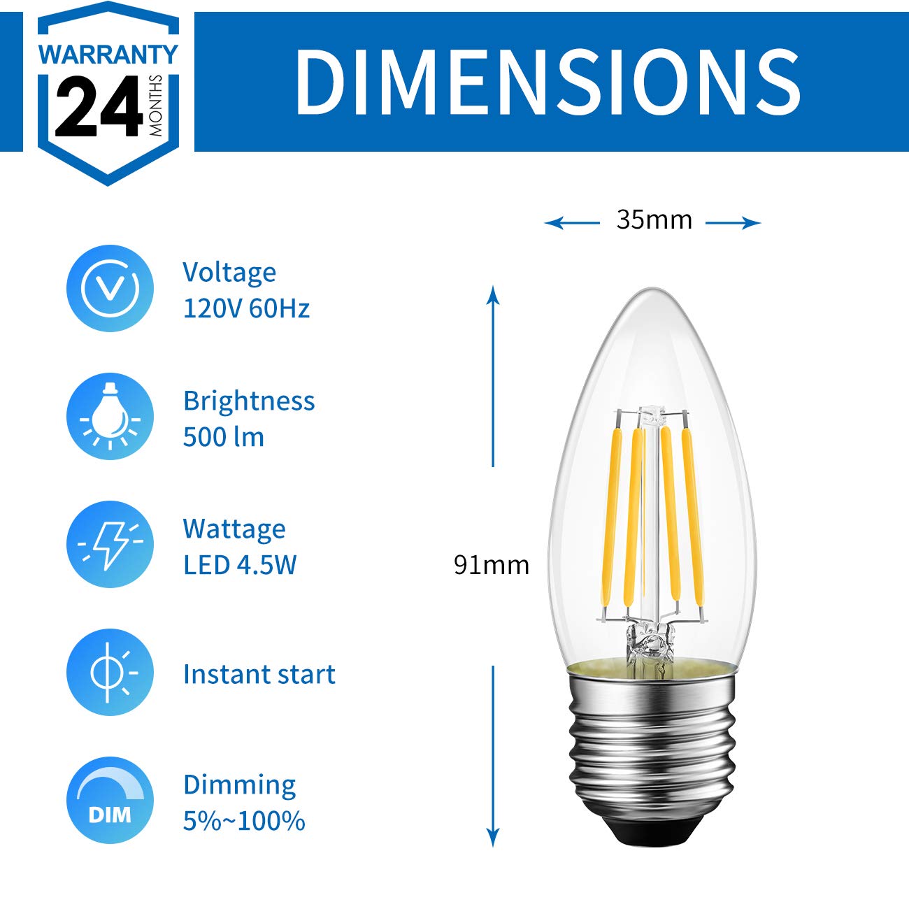 Anwio 12 Pack B11 Led Filament Bulb E26 Candelabra Base 4.5W(60W Equivalent), Dimmable 2700K Warm White Chandelier Decorative Ca