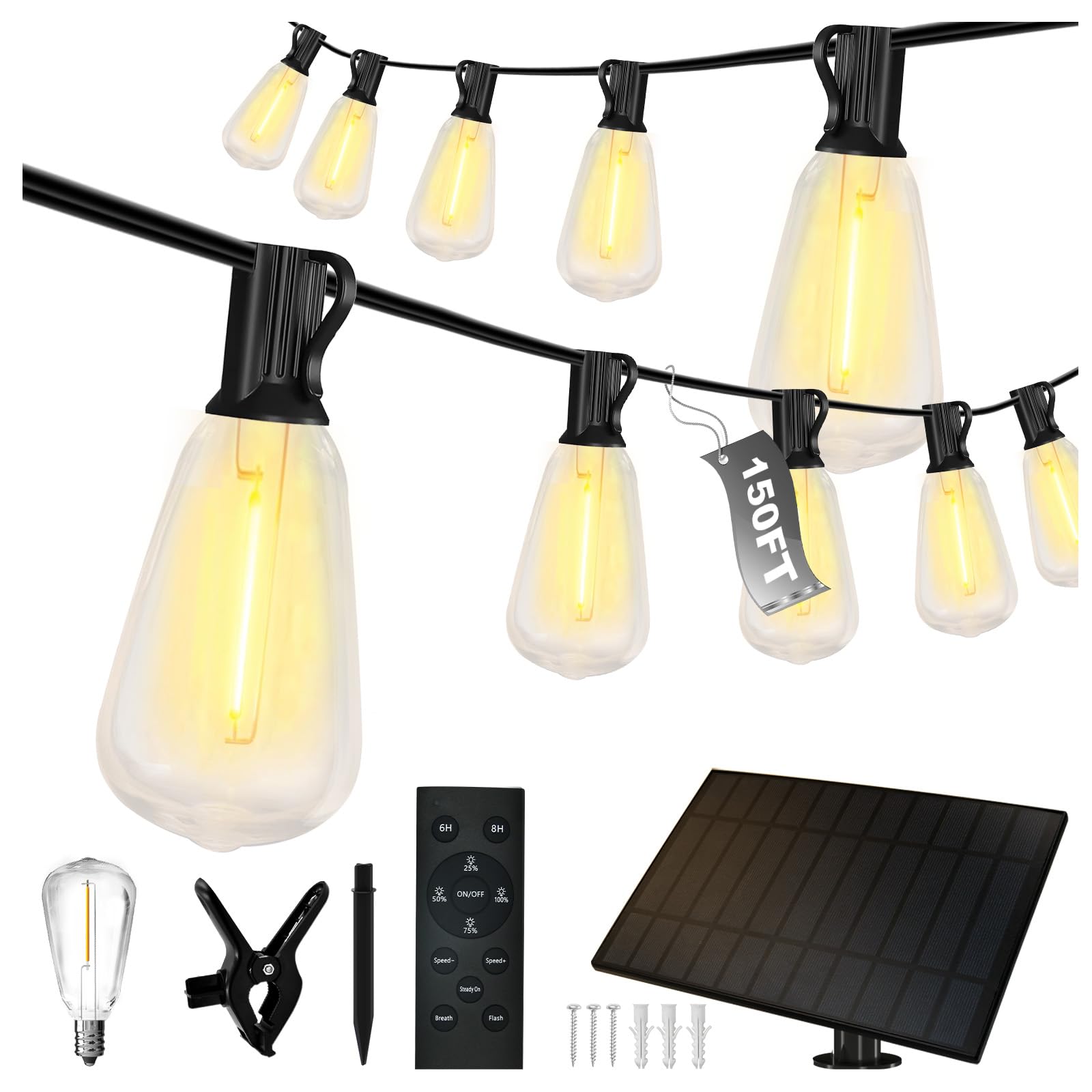 DAYBETTER Solar String Lights 150ft Waterproof 75 Bulbs 2700K Warm White IP65 for Garden Patio Wedding Camping