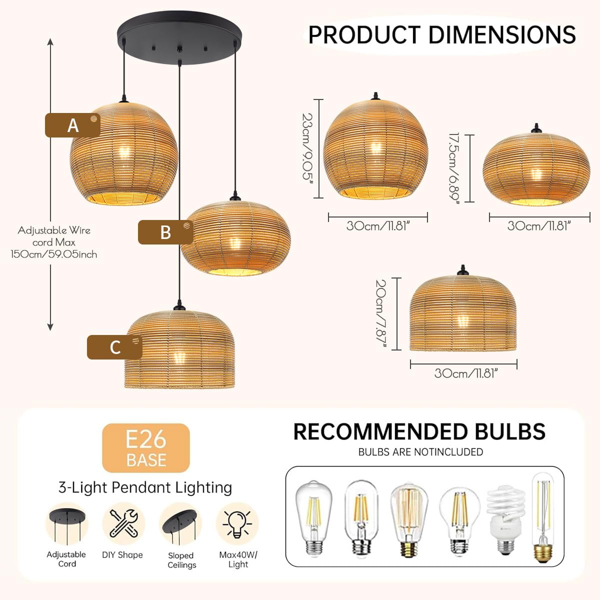 Aoodu Rattan Pendant Light Large Hand Woven Chandelier 3-Lights Boho Pendant Light Fixture Woven Basket Wicker Shade Farmhouse R