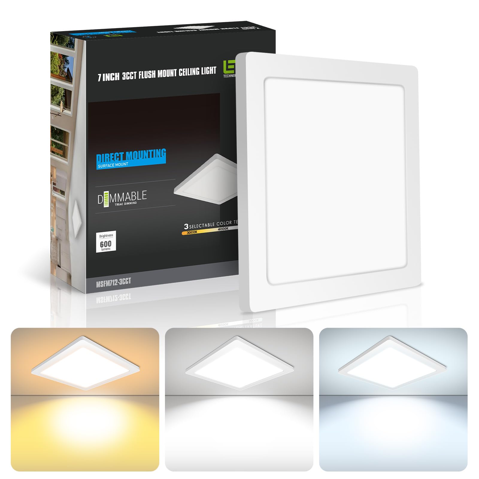 Mw 7 Inch Square Led Flush Mount Ceiling Light, Slim Led Ceiling Lights, Dimmable 12W, 3000K/4000K/5000K Adjustable, Low Profile