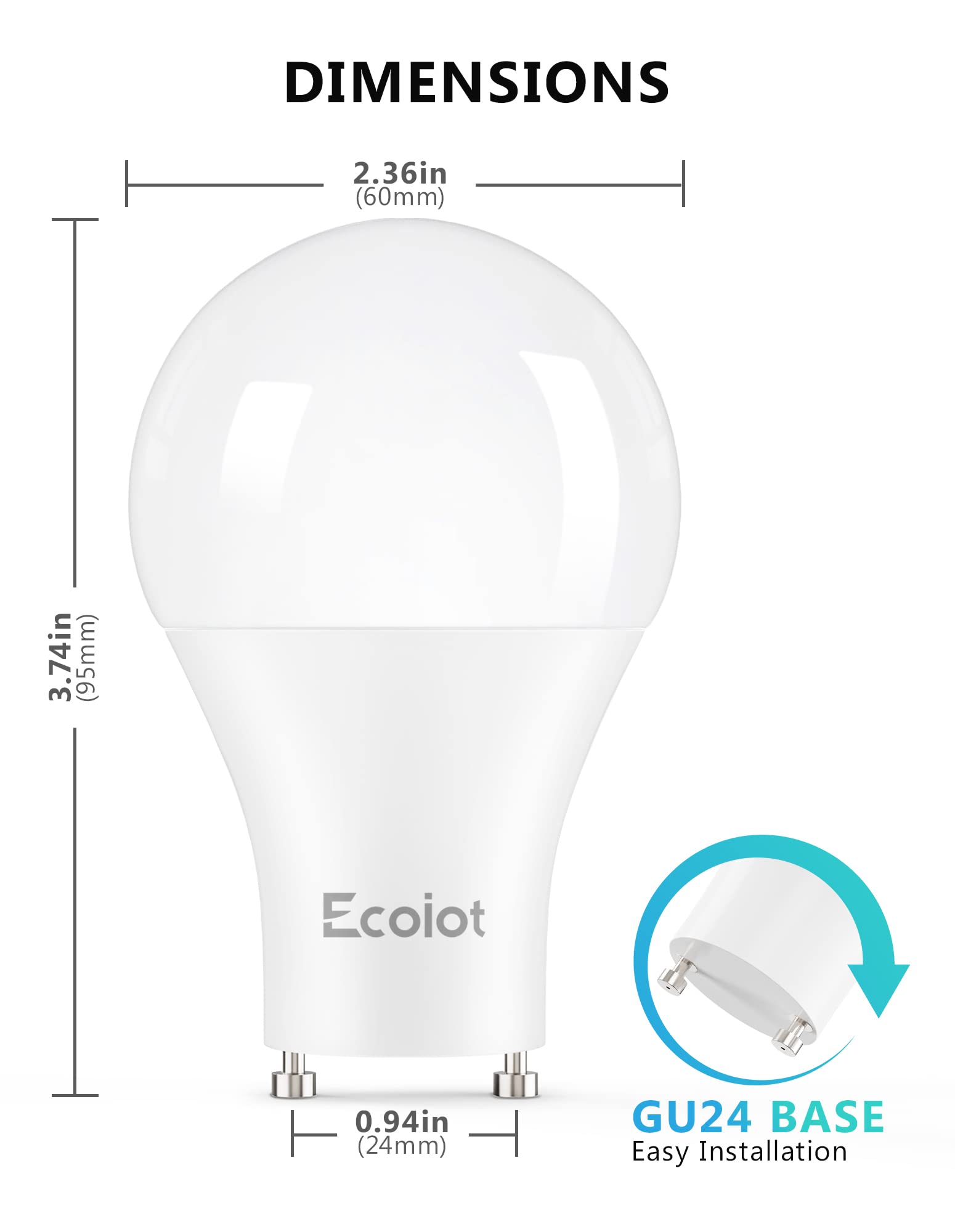 Ecoiot GU24 Dusk to Dawn LED Light Bulbs, A19 10W (90W Equivalent), 5000K Daylight, 4 Pack, Plastic & Aluminum Alloy