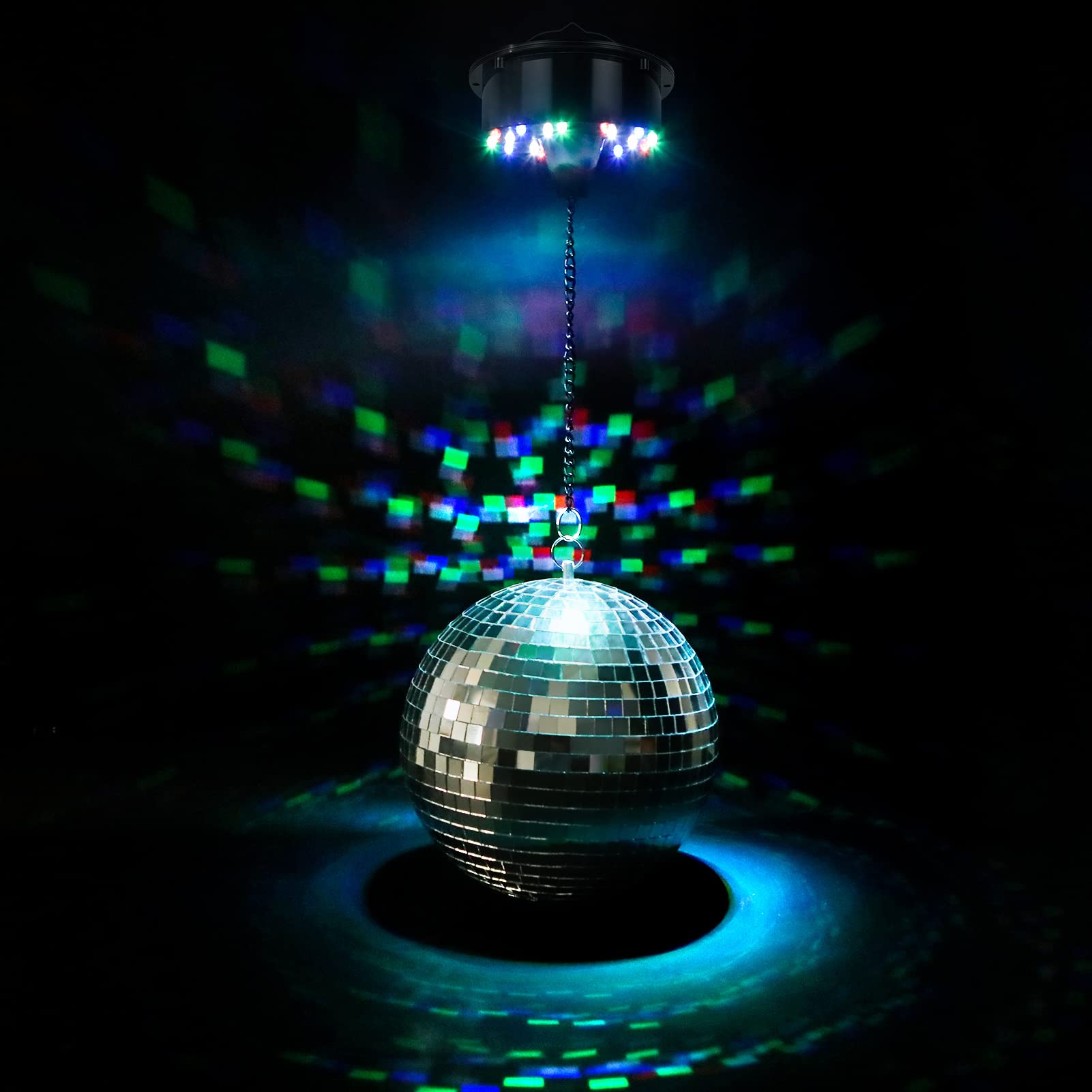 Meagoo Disco Ball With Motor And Light, 8'' Hanging Mirror Ball And 6Rpm Batteries Powered Rotating Motor With 4 Light Colors An