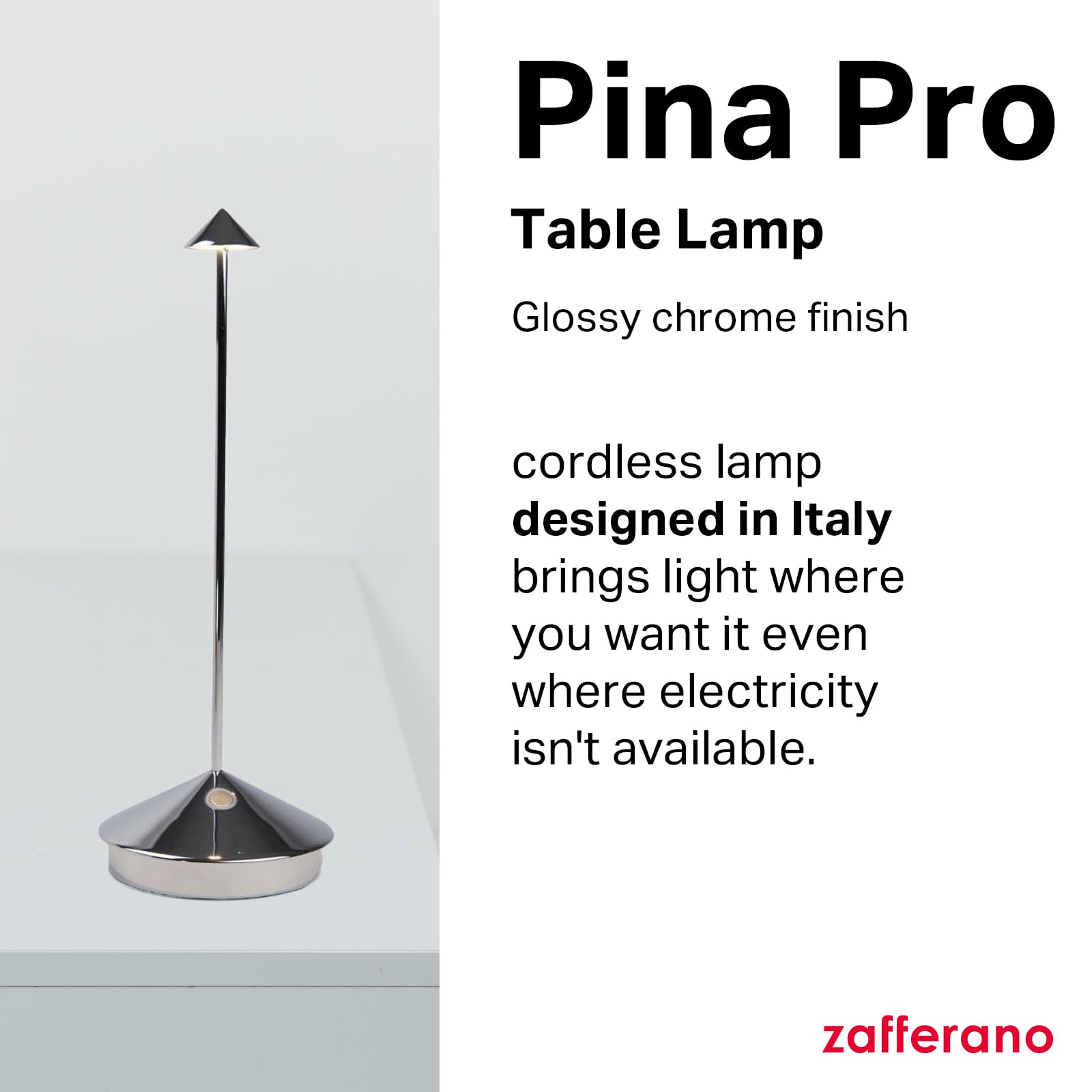 Zafferano, Pina Pro Lamp With Glossy Chrome Finish, Rechargeable Cordless Table Lamp With Touch Controls, Usable As An Indoor La