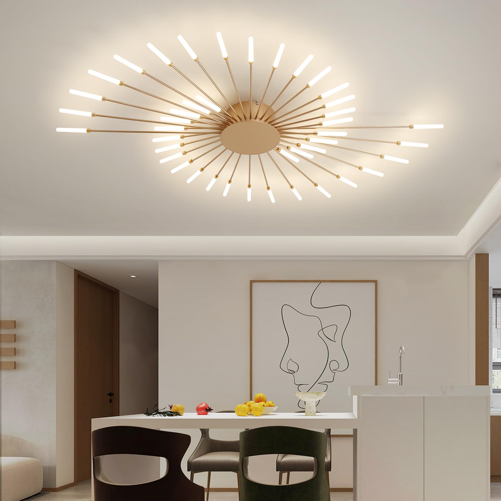 Ziidoo Modern Ceiling Light  42 Lights Metal Firework Designed Chic Led Lighting Fixture For Farmhouse Kitchen Dining Room Bedroom Hallway Living Room (Gold And Dark Gold)