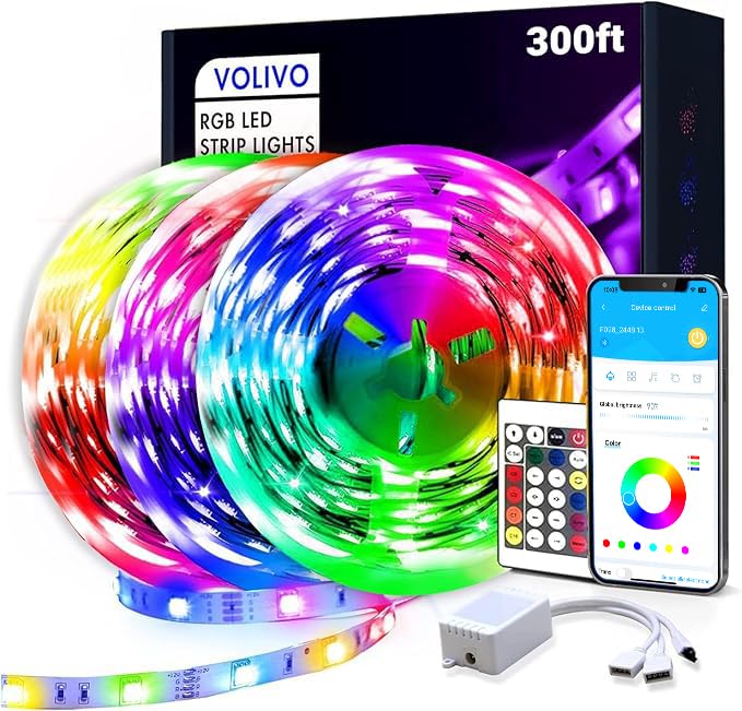 VOLIVO 300ft LED Strip Light Bluetooth, Color Changing LED Strip Lights for Bedroom, Music Sync RGB Lighting with 24Key Remote/A