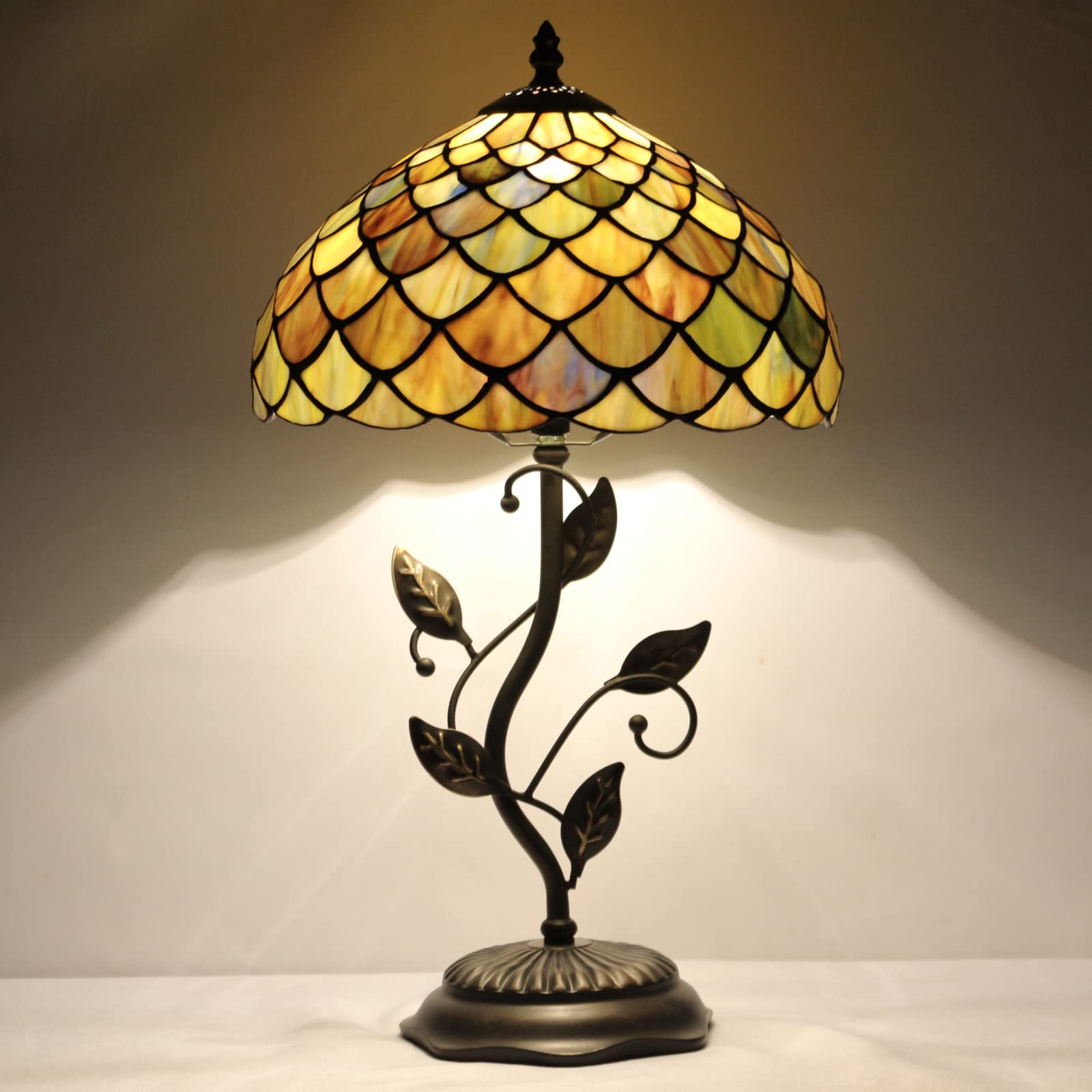 AVIVADIRECT Tiffany Lamp Fish Scales Style Stained Glass Table Lamp Desk Bedside Reading Light 12X12X19 Inches with Metal Leaf B