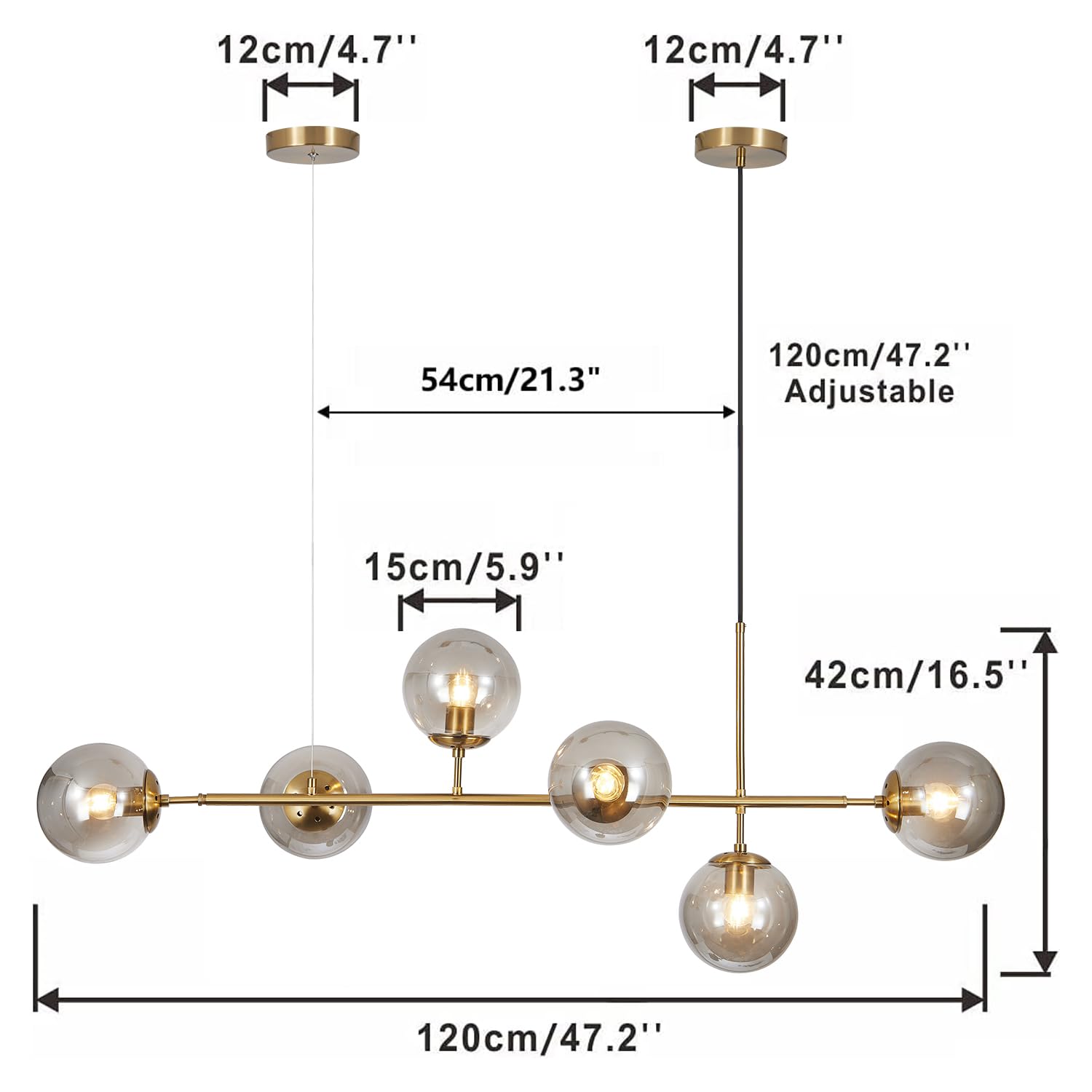 KCO Modern Globe Sputnik Chandelier - 6-Light Gold Pendant, Smoke Gray Glass, Mid Century Style, Model L1039 for Kitchen & Dining Room