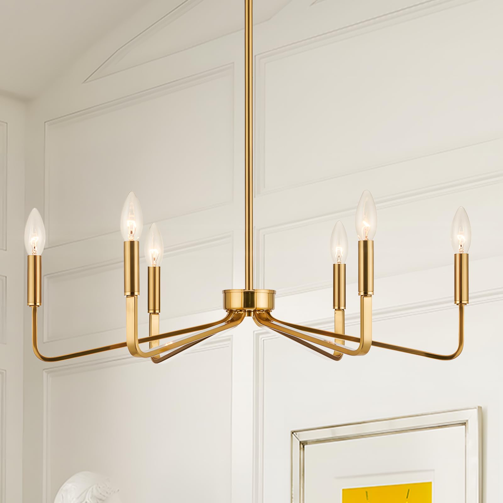 Jonsi Gold Chandelier - 26'' Modern Brushed Brass Chandelier Light Fixture 6 Light Industrial Candle Lighting Hanging Ceiling fo