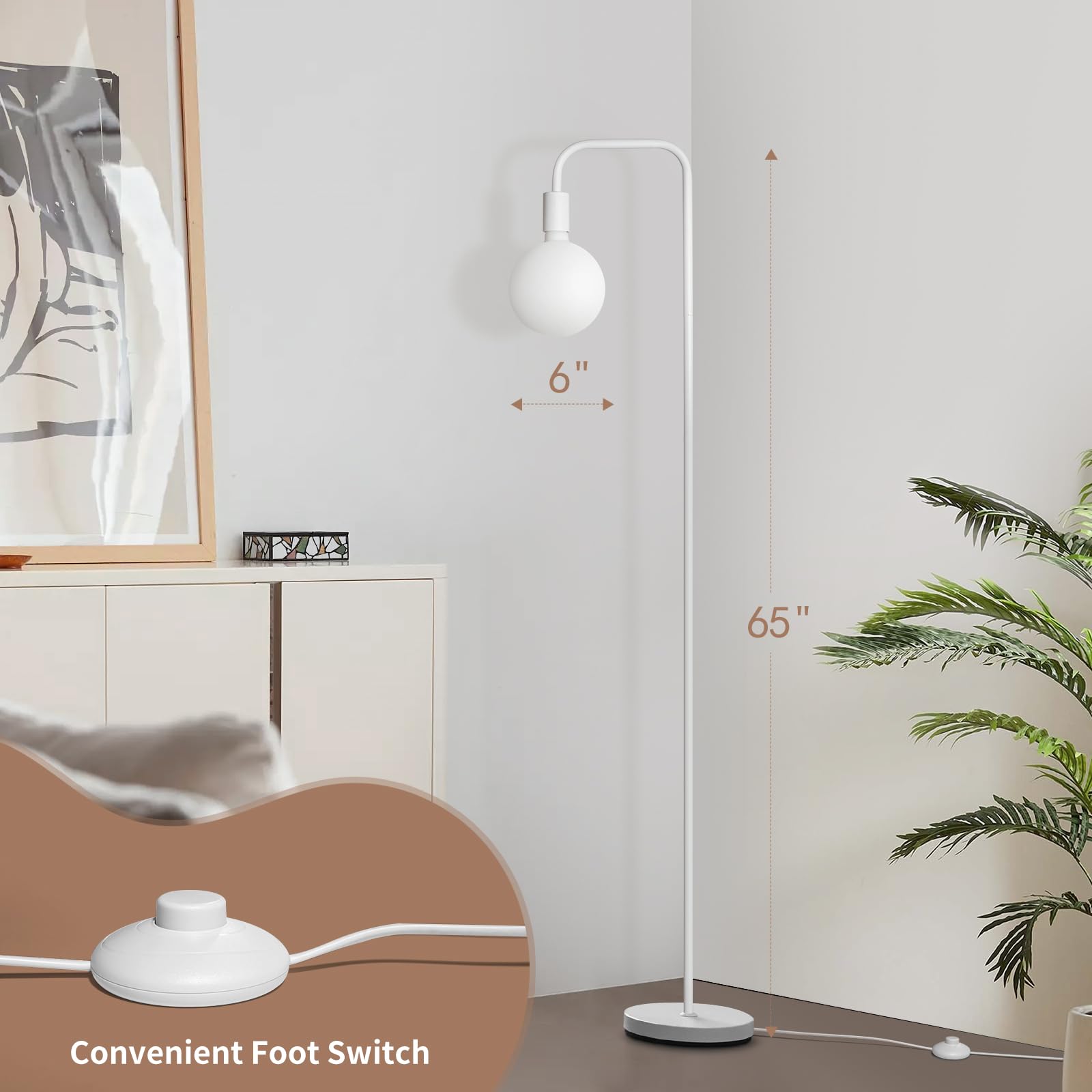 Onewish Floor Lamp For Living Room - Minimalist Standing Lamp With Modern Led Bulb, White Frosted Globe Glass 6'', 1800K Warm Am