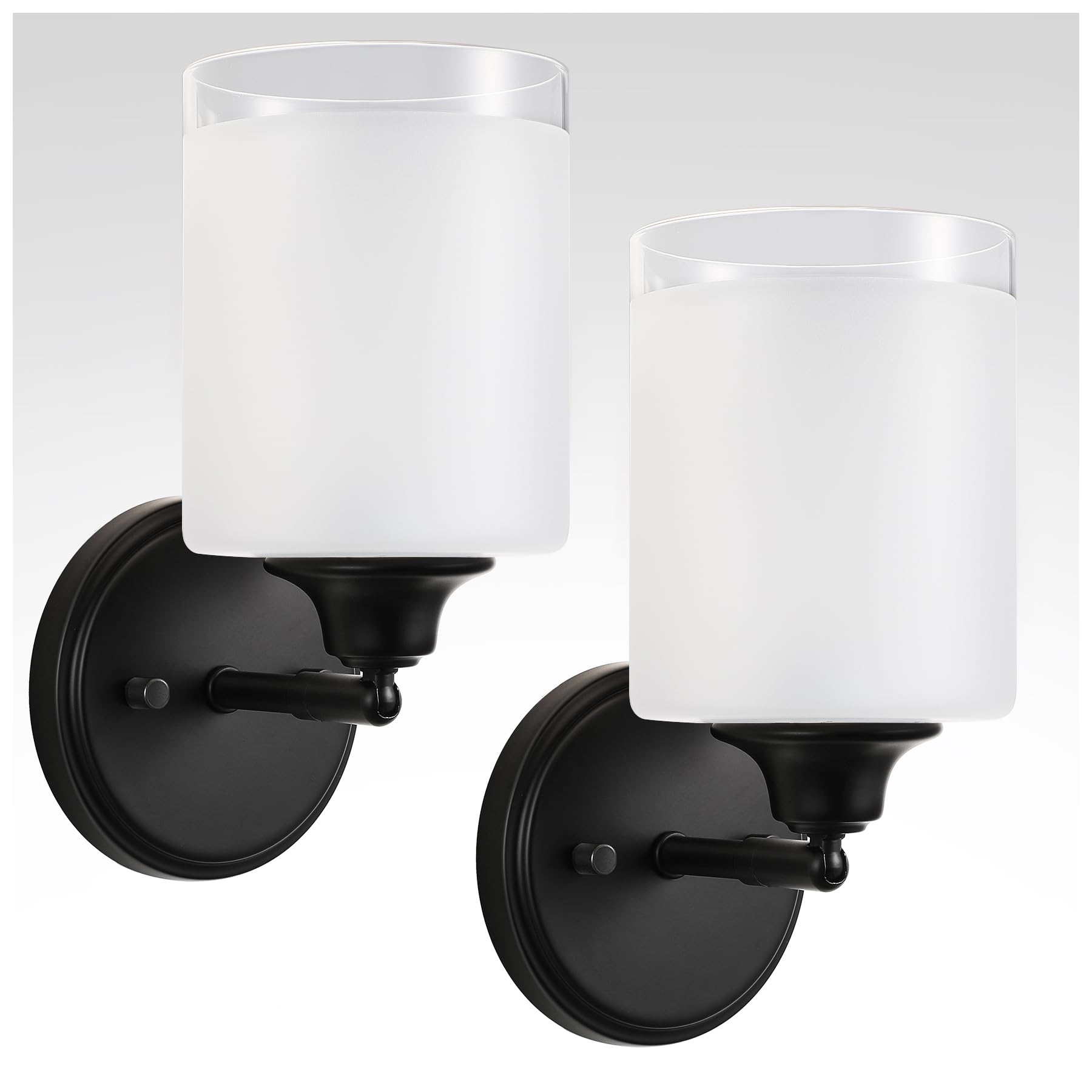 XIFEINIU Wall Sconces Set of 2, Frosted Glass Shade, Modern Matte Black, E26 Base, Bathroom/Bedroom Vanity Lights, Model LV24H58-B