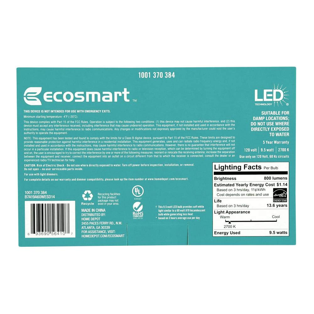 EcoSmart Dimmable LED Light Bulb, 60W Equivalent, Soft White, 4-Pack, Energy Star, A19 Model