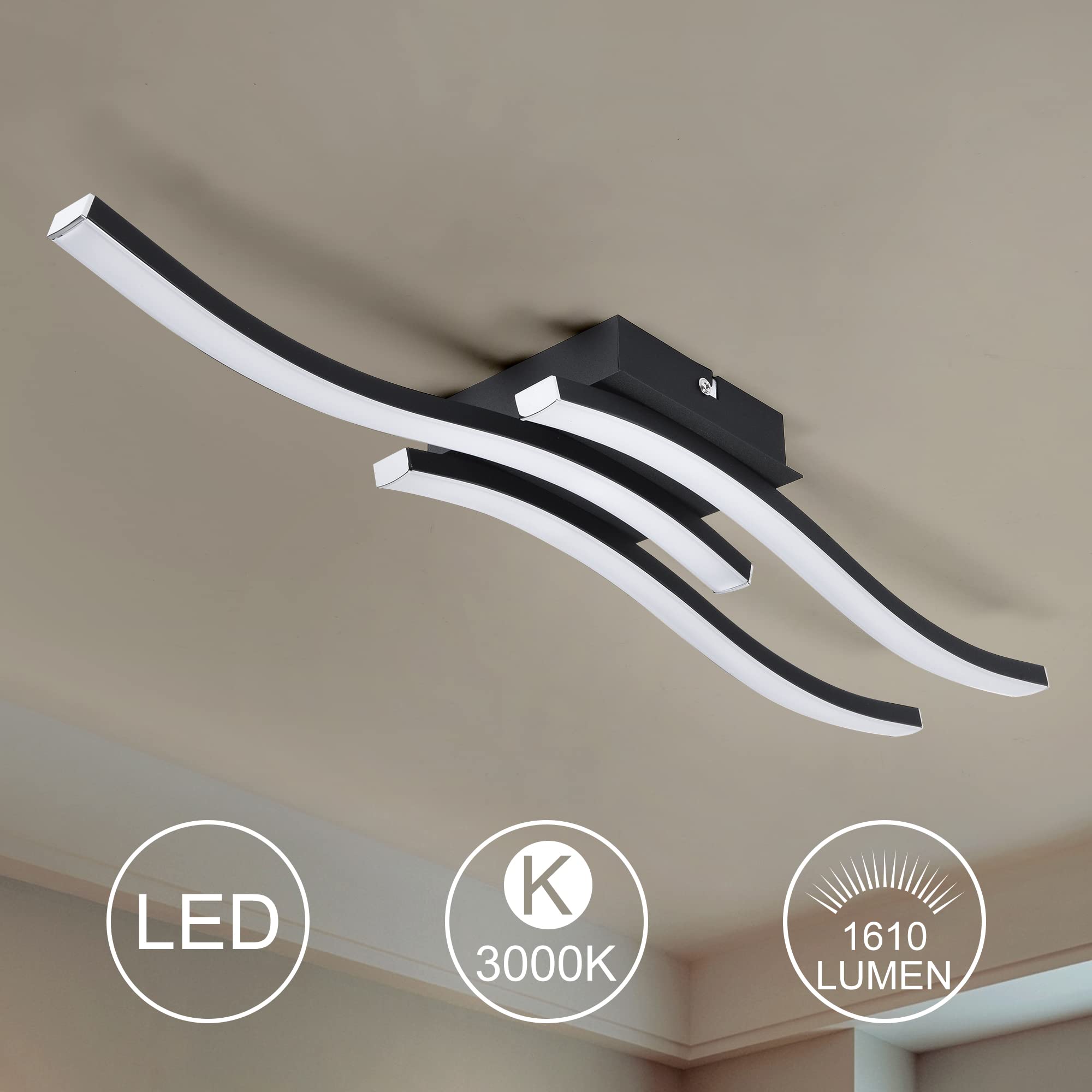 EDISLIVE Modern Dimmable LED Ceiling Light 3-Light 22.5in Black Metal Fixture 3000K Warm for Bedroom Foyer Kitchen