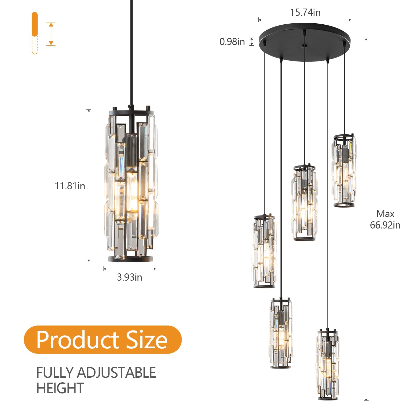 Lmqnine 5-Light Black Modern Pendant Light, Adjustable Mini Crystal Chandelier For Dining Room