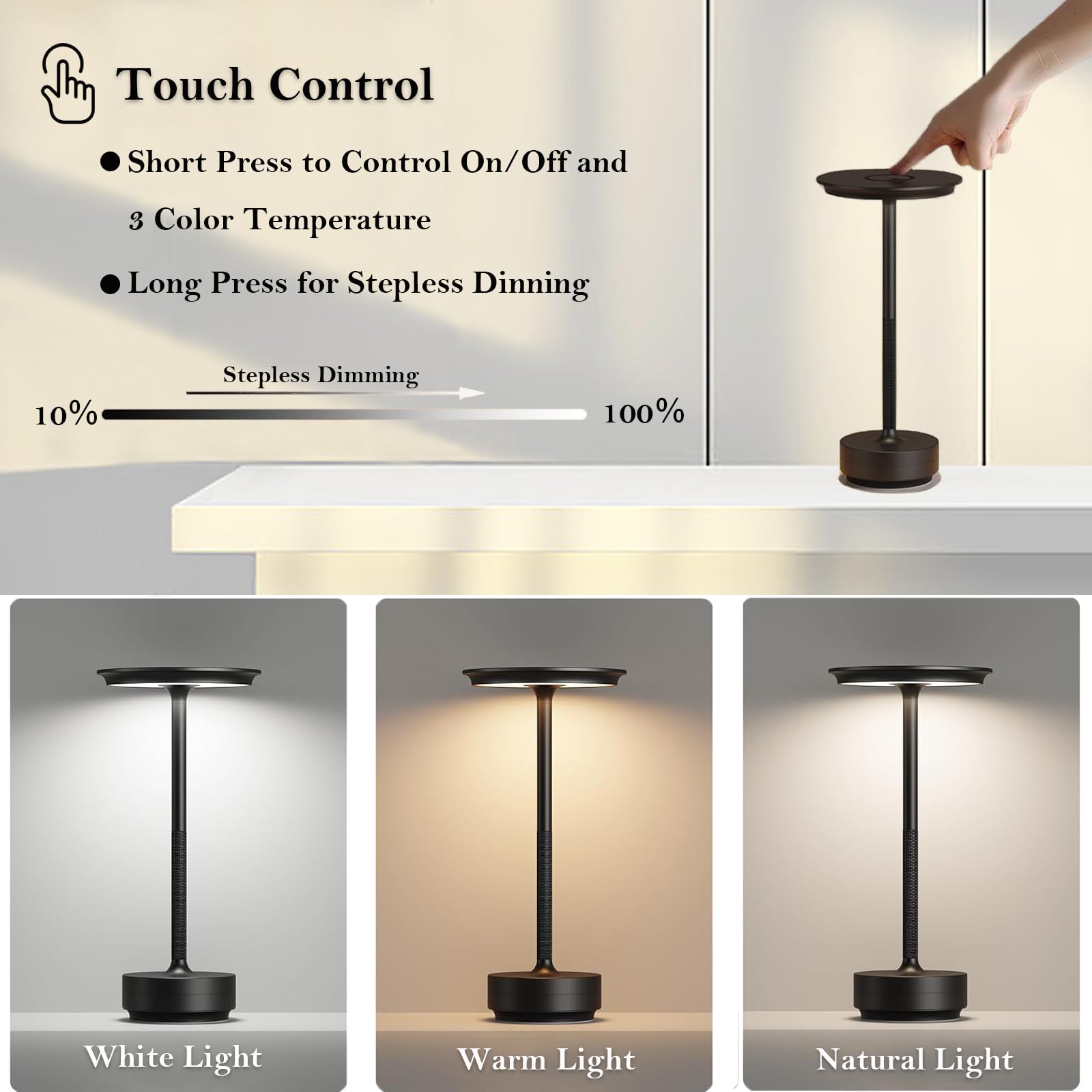 SJIE Cordless Table Lamp, Rechargeable 5200mAh, 3 Modes Dimming, D5inxH11in, Aluminum, Black, Model JB-TD064