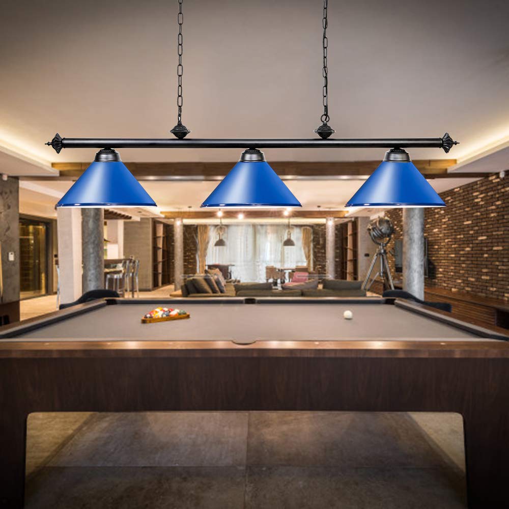 Wellmet 3 Light Pool Table Light, Vintage Metal Fixture, 59 inch for 7ft/8ft/9ft Tables, Blue, Model CHL-001-light-Blue