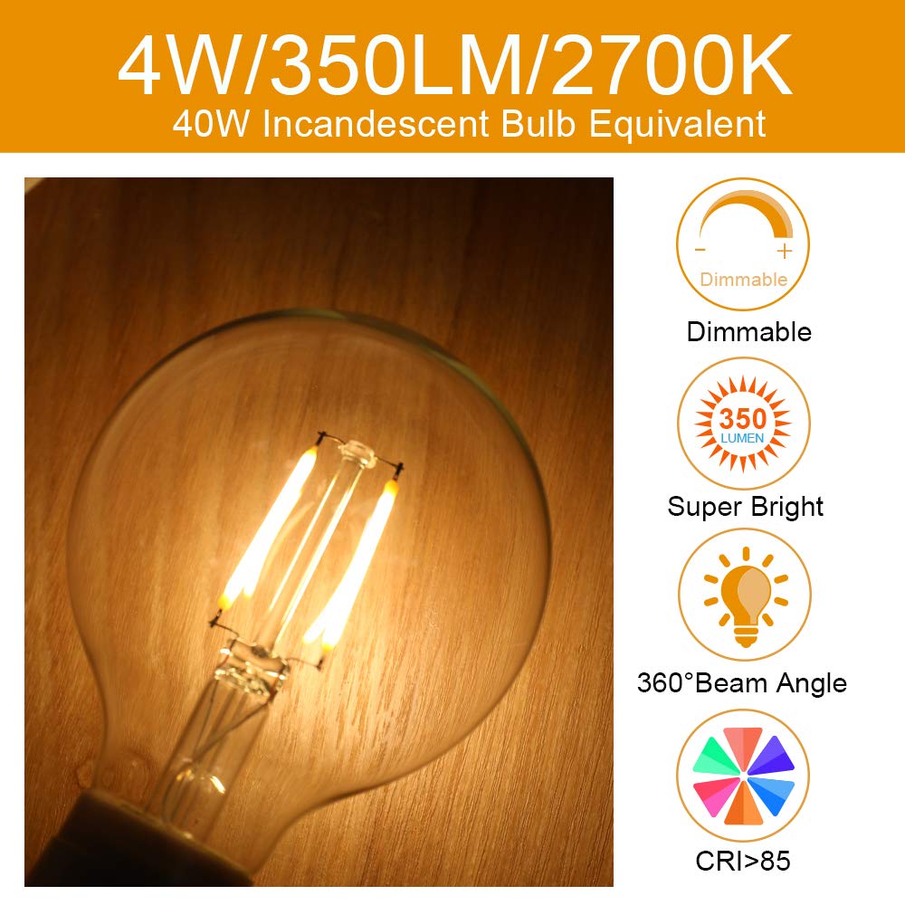 ENERGETIC SMARTER LIGHTING Dimmable LED Edison Bulb, G25, Clear Glass, 40W Equivalent, 2700K Soft White, E26 Base, 6-Pack