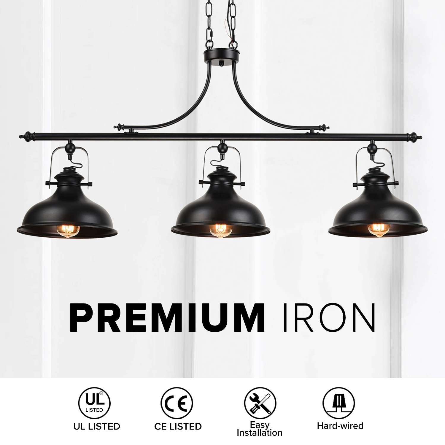 Gzbtech Vintage 3-Light Pendant Lighting Fixture, 59.06'' H Adjustable Rustic Hanging Billiard Light Over The Pool Table, Indust