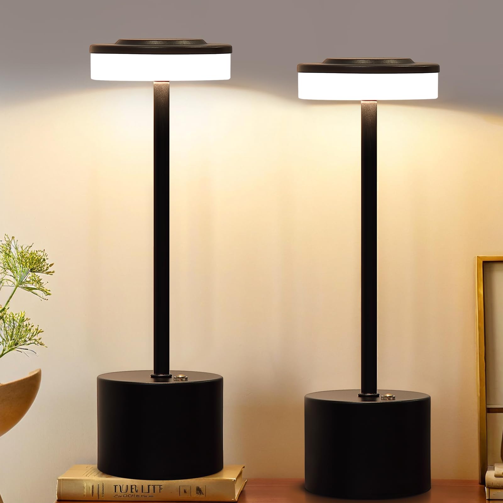 Aihying 2 Pack Black Cordless Table Lamp Portable Led Desk Lamp 5000Mah Battery Operated 3 Color Stepless Dimming Up For Restaur