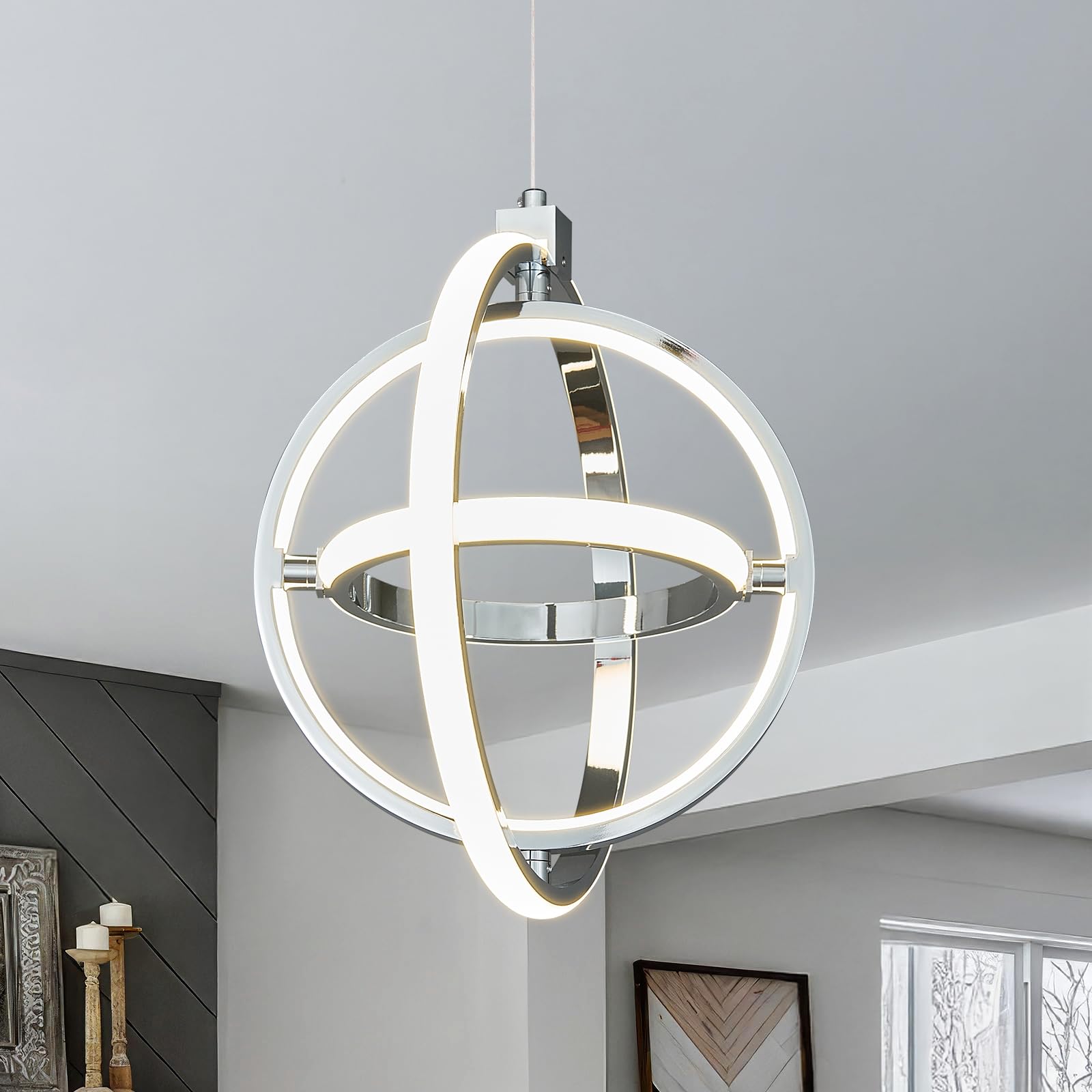 Bnhhlz Modern Led Pendant Light Chrome Pendant Lights 4000K Dimmable External Glow Height Adjustable Pendant Lighting For Kitchen Island Dining Room Bedroom Living Room Foyer(3-Ring)