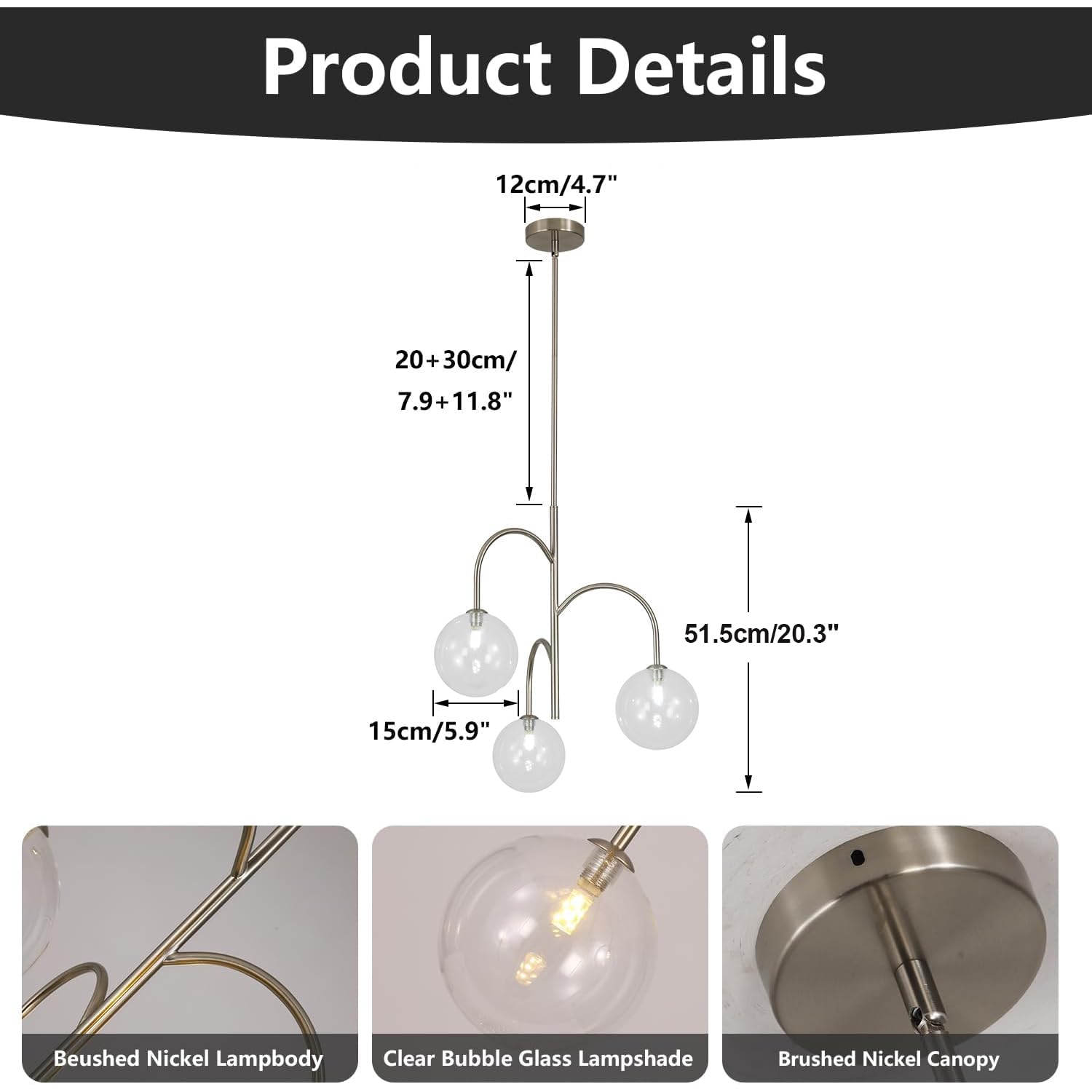 Flyrose 3-Light Brushed Nickel Sputnik Chandelier Modern Globe Pendant Light Fixture Bubble Glass Chandelier Lighting Contempora
