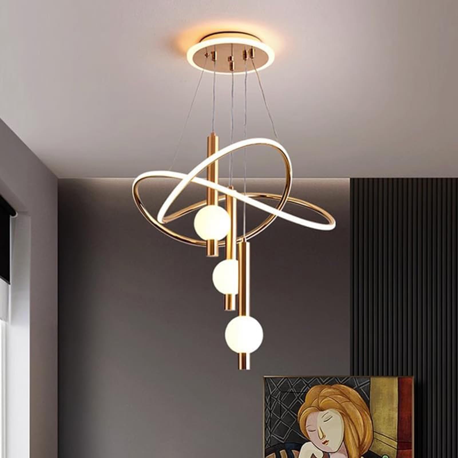 mfanchan Modern Gold LED Chandelier, Adjustable Pendant Light, 19.7in, Brass Gold, Metal, Glass Chandelier 16in
