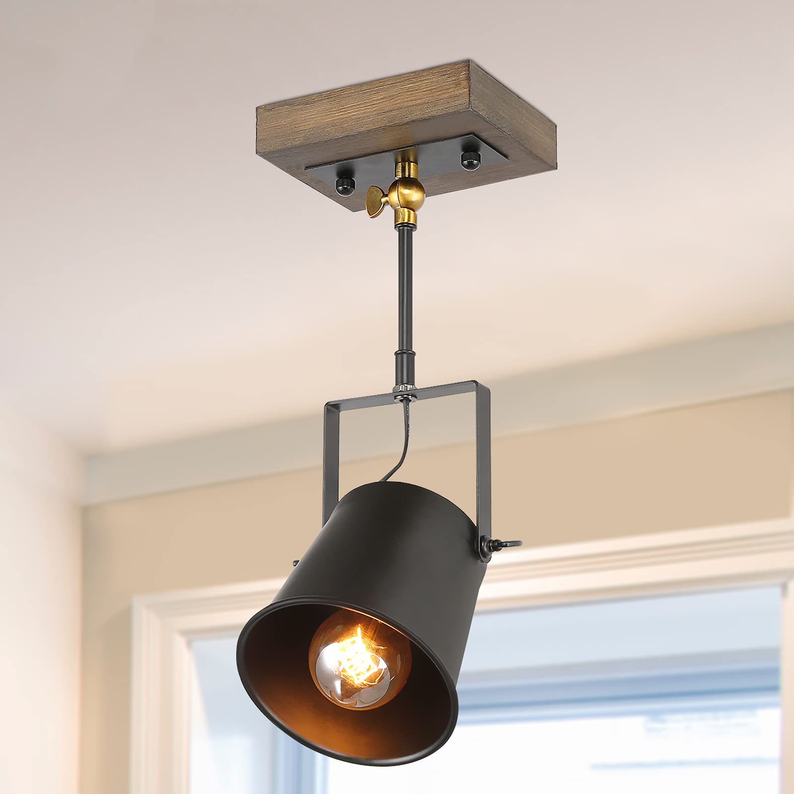 LNC Adjustable 1 Head Track Lighting Fixture, Farmhouse Wood Semi Flush Mount Ceiling Spotlight (Black Painted Finish) -Like New