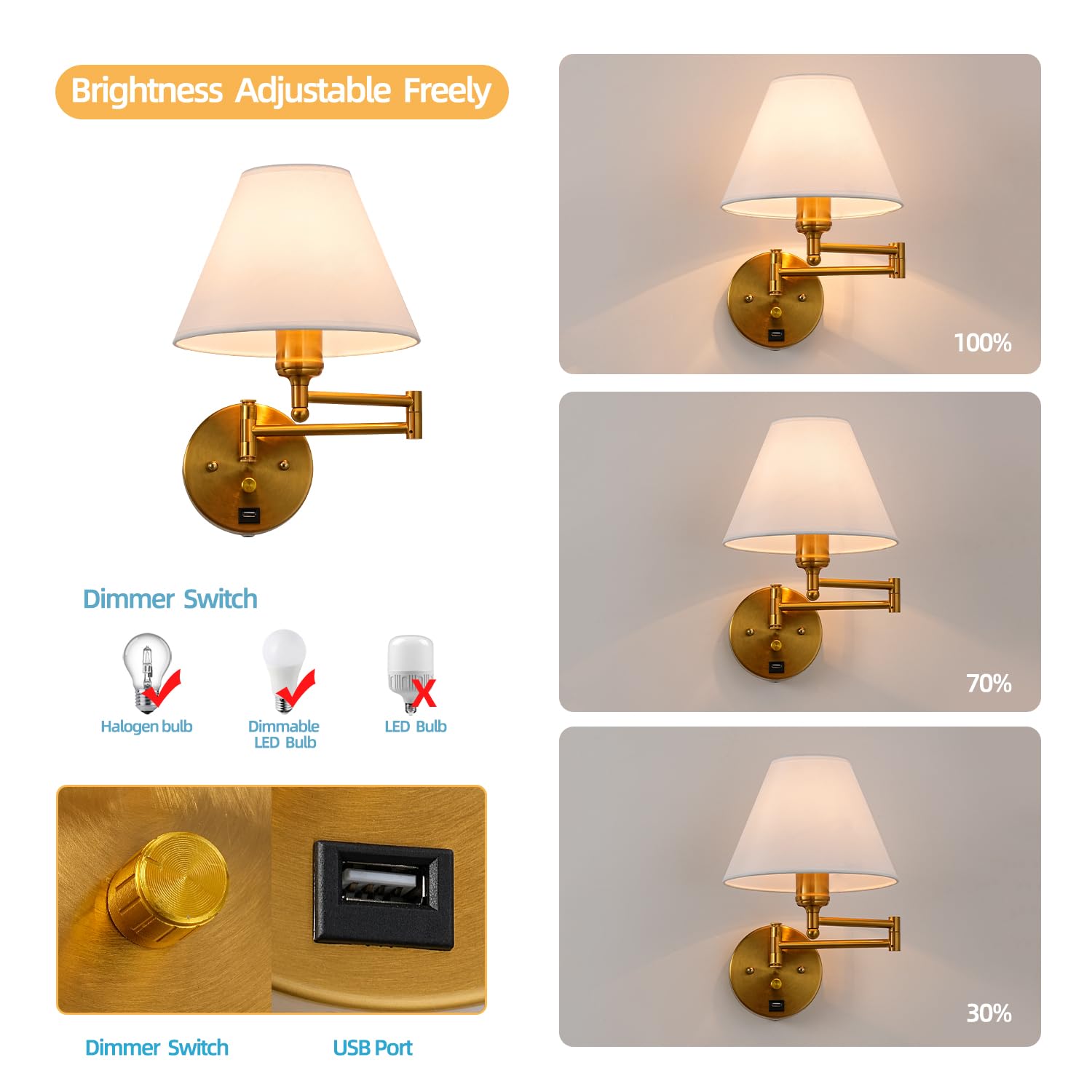 PFQCGU Swing Arm Wall Sconce, Dimmable USB Lamp, White Fabric Shade, Golden Finish, Model AR-998, Ideal for Bedroom & Living Room