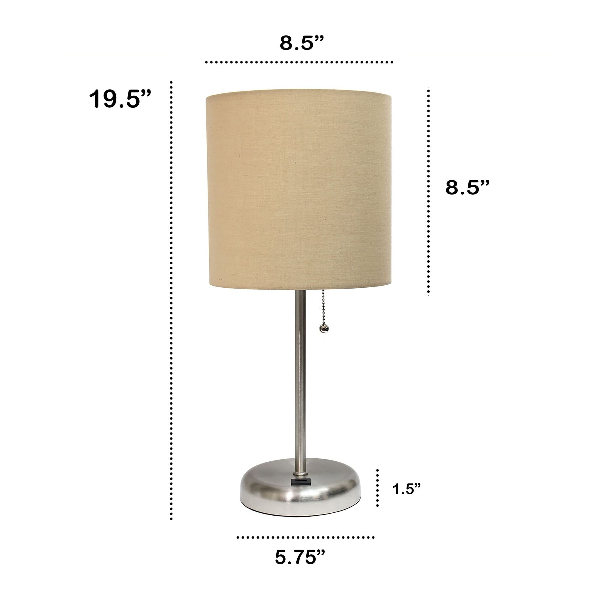 Creekwood Home Metal Table Desk Lamp with USB Port, 19.5in Tan Drum Shade, Brushed Steel, Model 1270-CWT-2012-TN