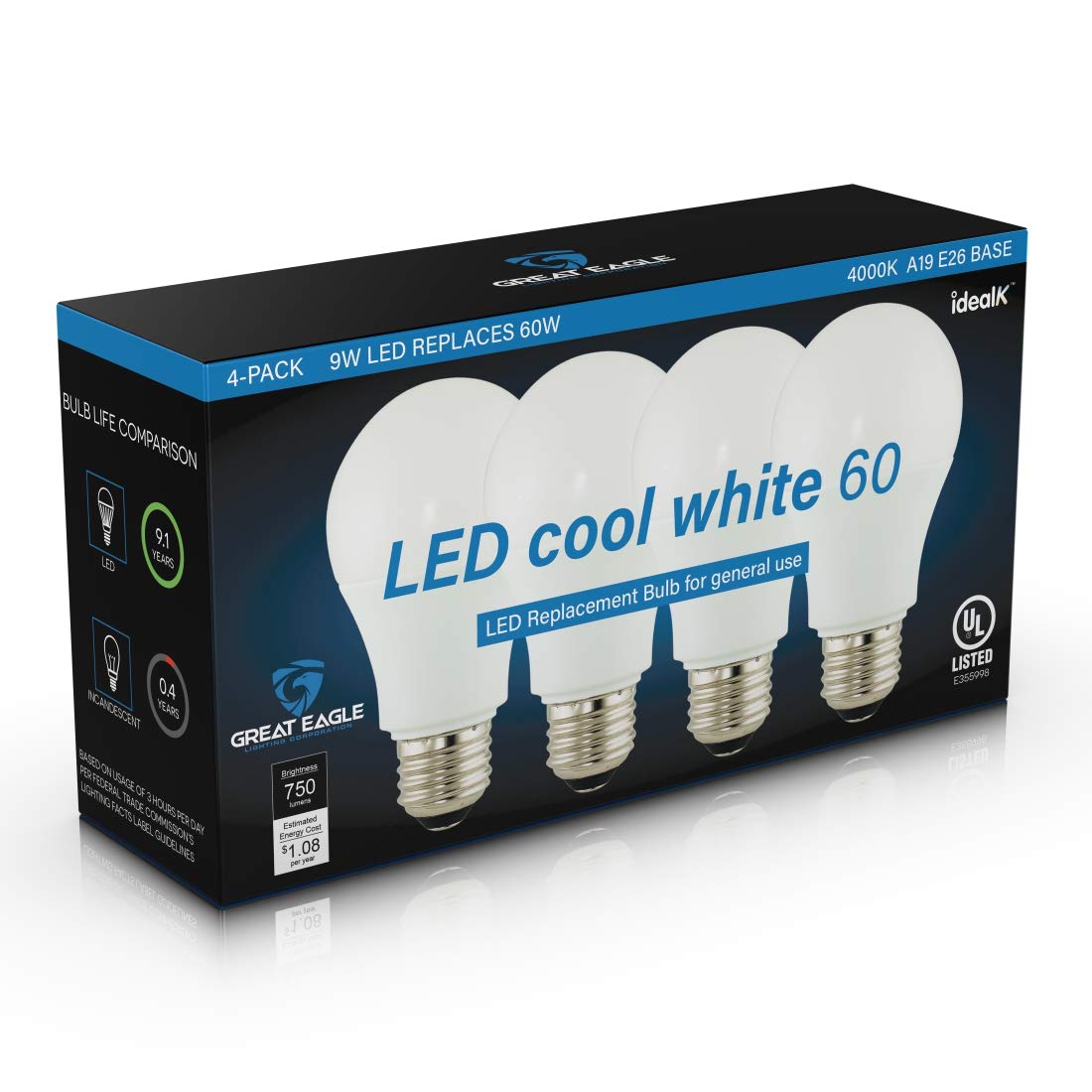 Great Eagle Lighting Corporation A19 Led Light Bulb, 9W (60W Equivalent), Ul Listed, 4000K (Cool White), 750 Lumens, Non-Dimmabl