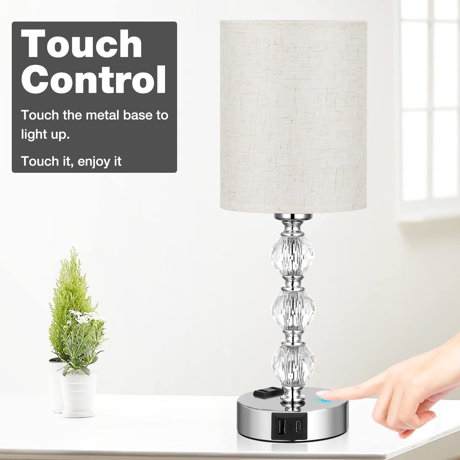 Acaxin White Crystal Table Lamp - 3-Way Dimmable With Usb C+A, 14.6In Nightstand Light For Bedroom, Living Room, Kitchen