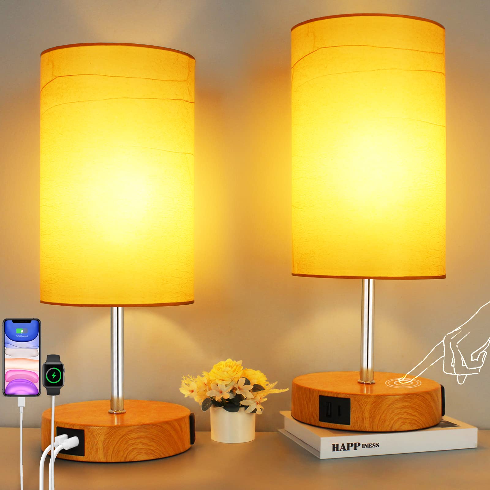 HiBay 2-Set 17.75 Touch Bedside Table Lamps with USB Charging Ports & AC Outlet, Farmhouse Wood-Grain 3-Way Dimmable LED Nightst