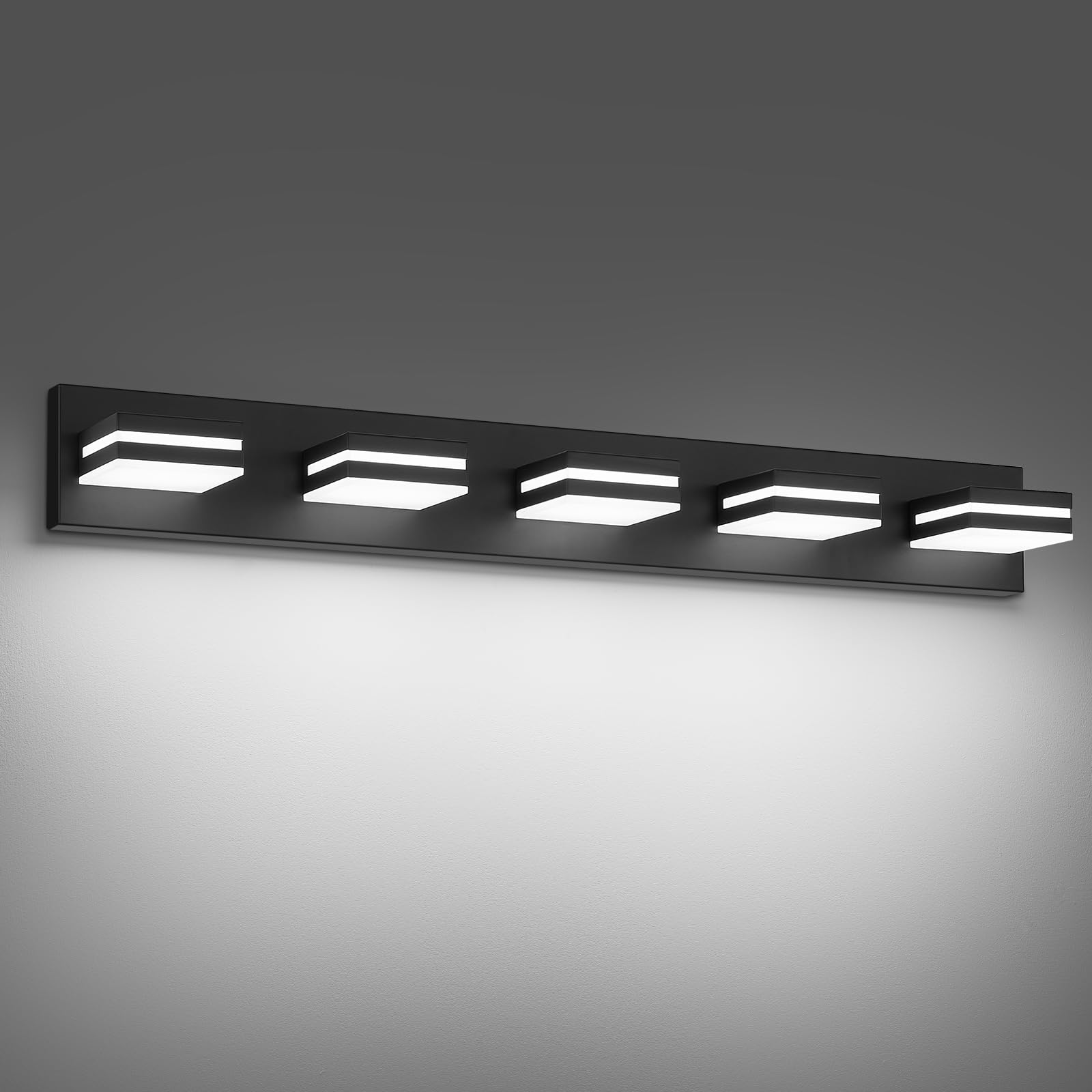 JZEKVN Modern LED Bathroom Lights Fixtures(5-Light) Metal Black Acrylic Wall Lighting Vanity Lights for Bathroom Over Mirror(6000k 34In