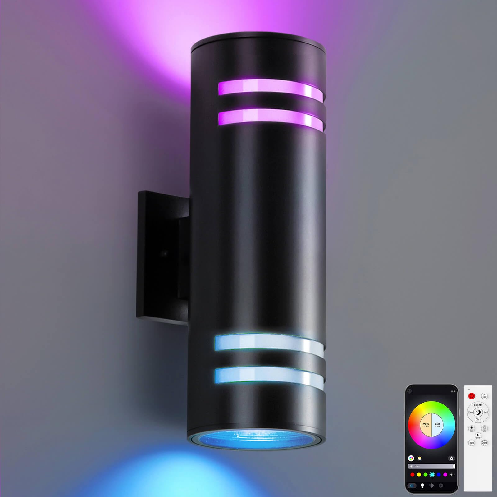 KIZON Modern RGBCW Outdoor Sconce Color Changing, Dimmable Porch Light, Black, 4x4x12 inches, App Control with Remote, Compatibl