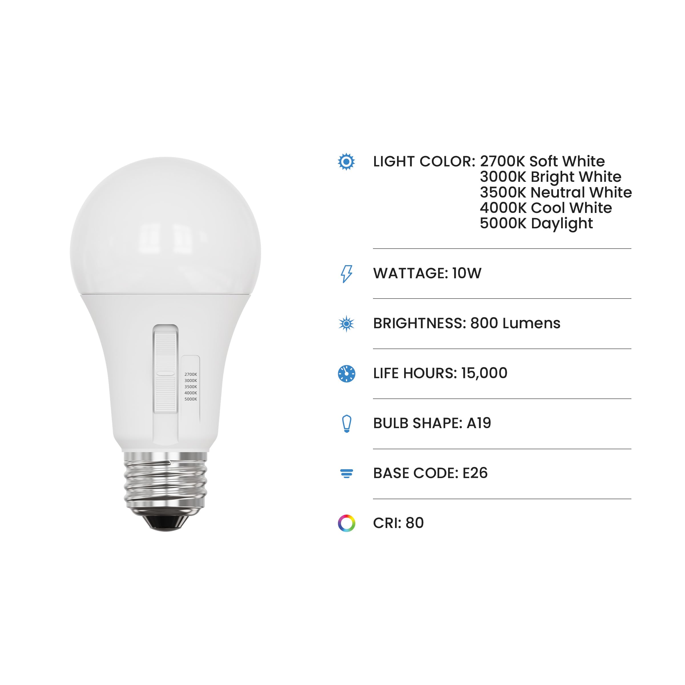 Feit Electric A19 Led Light Bulb, 60W Equiv, Non-Dimmable, Selectable Color Temperatures (2700K-5000K), 800 Lumens, General Purp