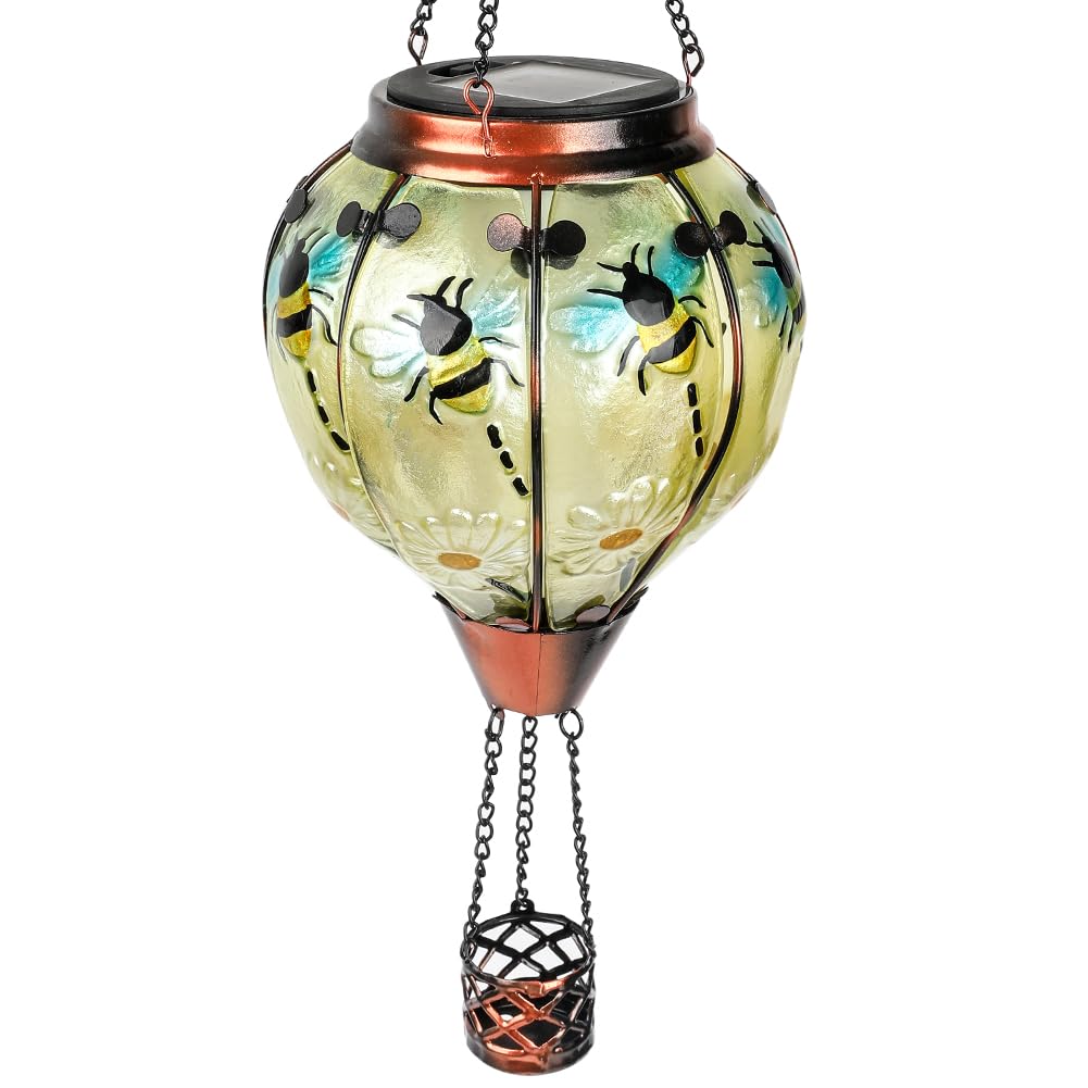 TEYIGARDEN Hot Air Balloon Solar Lantern with Flickering Flame, Glass Hanging Garden Lights Outdoor Waterproof for Tree Yard Pat