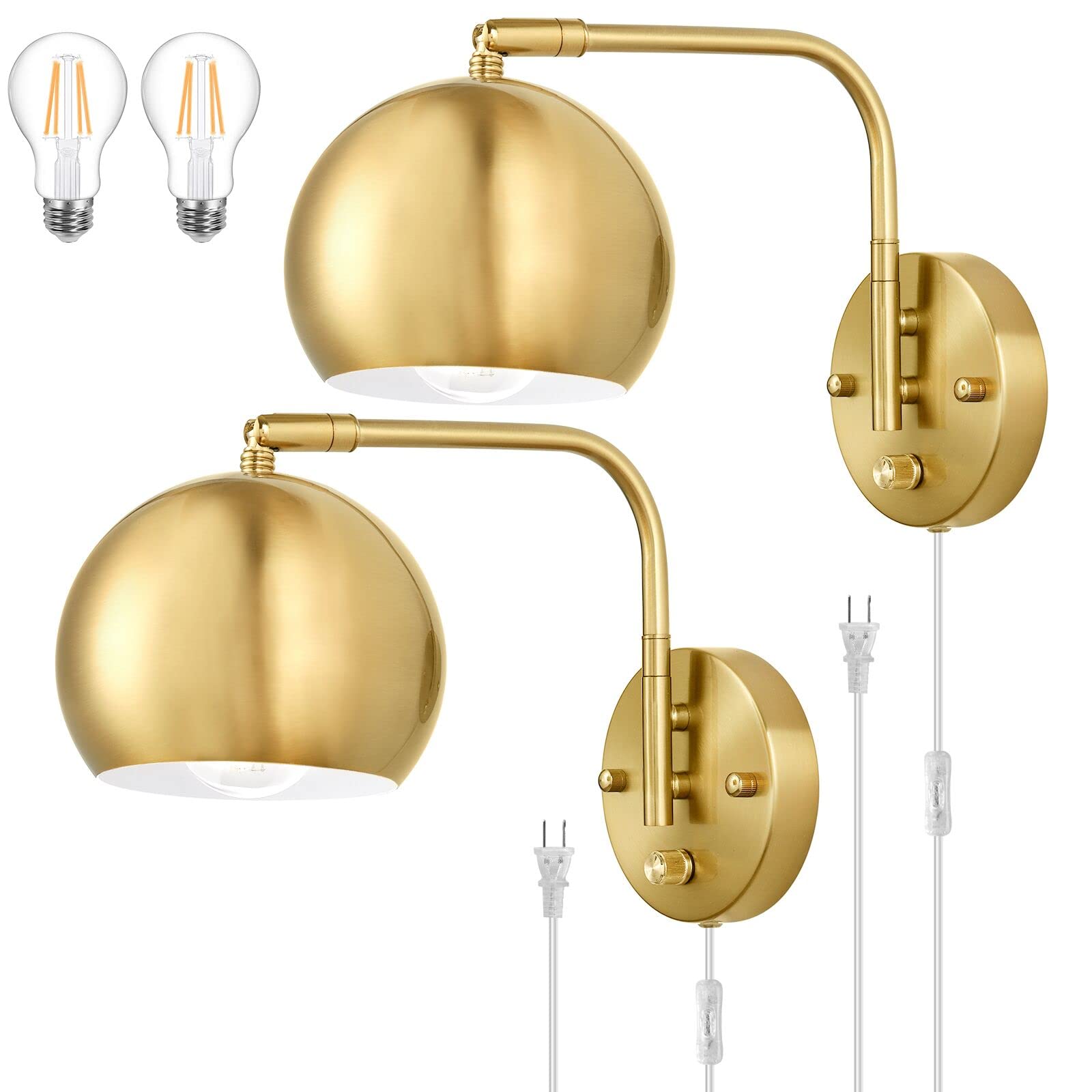 Vatoni Wall Sconces Plug In, Dimmable Wall Sconce Swing Arm Wall Lights With Plug In Cord And Dimmer On/Off Knob Switch, Brushed