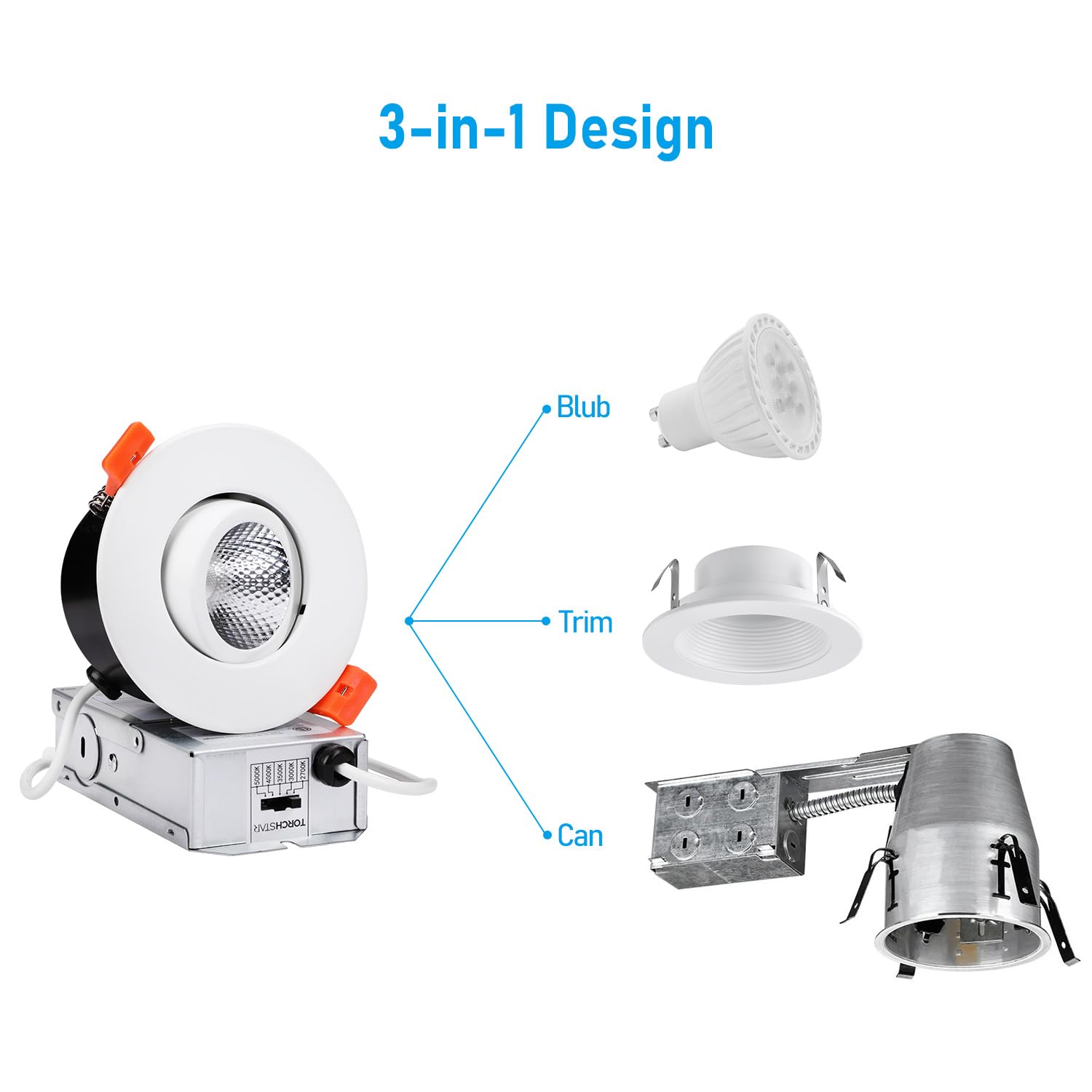 Torchstar 12-Pack 5Cct 3 Inch Gimbal Led Recessed Light, 7W Cri90+ Dimmable Adjustable Eyeball Canless Led Downlight, 2700K/3000K/3500K/4000K/5000K Selectable, Airtight Ic, Etl