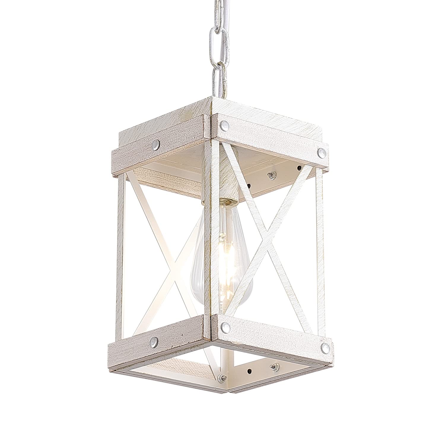 Fivess Lighting Mini Pendant Light, Distressed Wood & Metal Cage, One-Light Adjustable Chains, Model 6974443060324