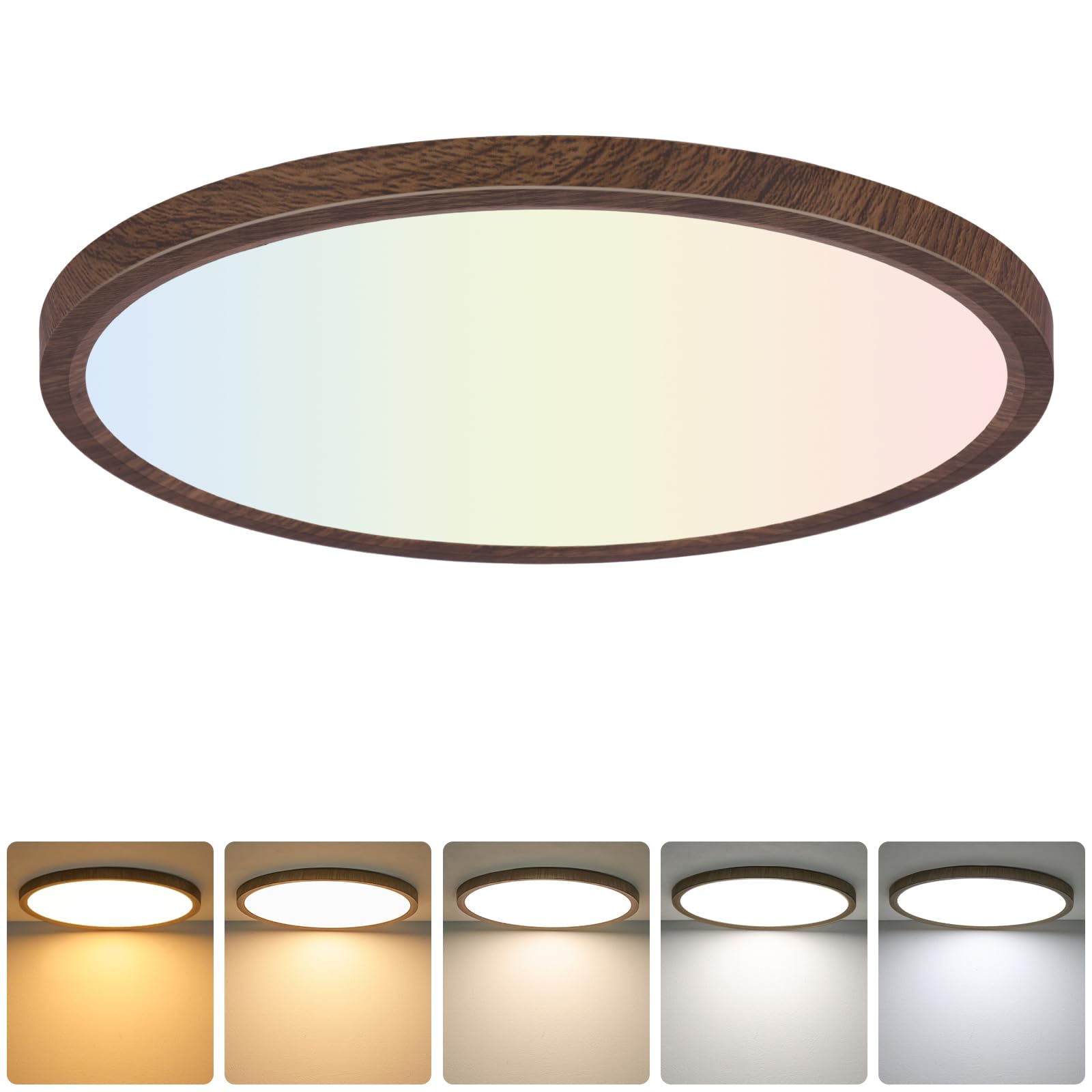 Brightever Walnut Wood LED Flush Mount Ceiling Light  12 Inch 24W 3200LM Close to Ceiling Light Fixtures  Dimmable & 2700K-6500K 5 Color Selectable Light Fixtures Ceiling Mount  1 Pack