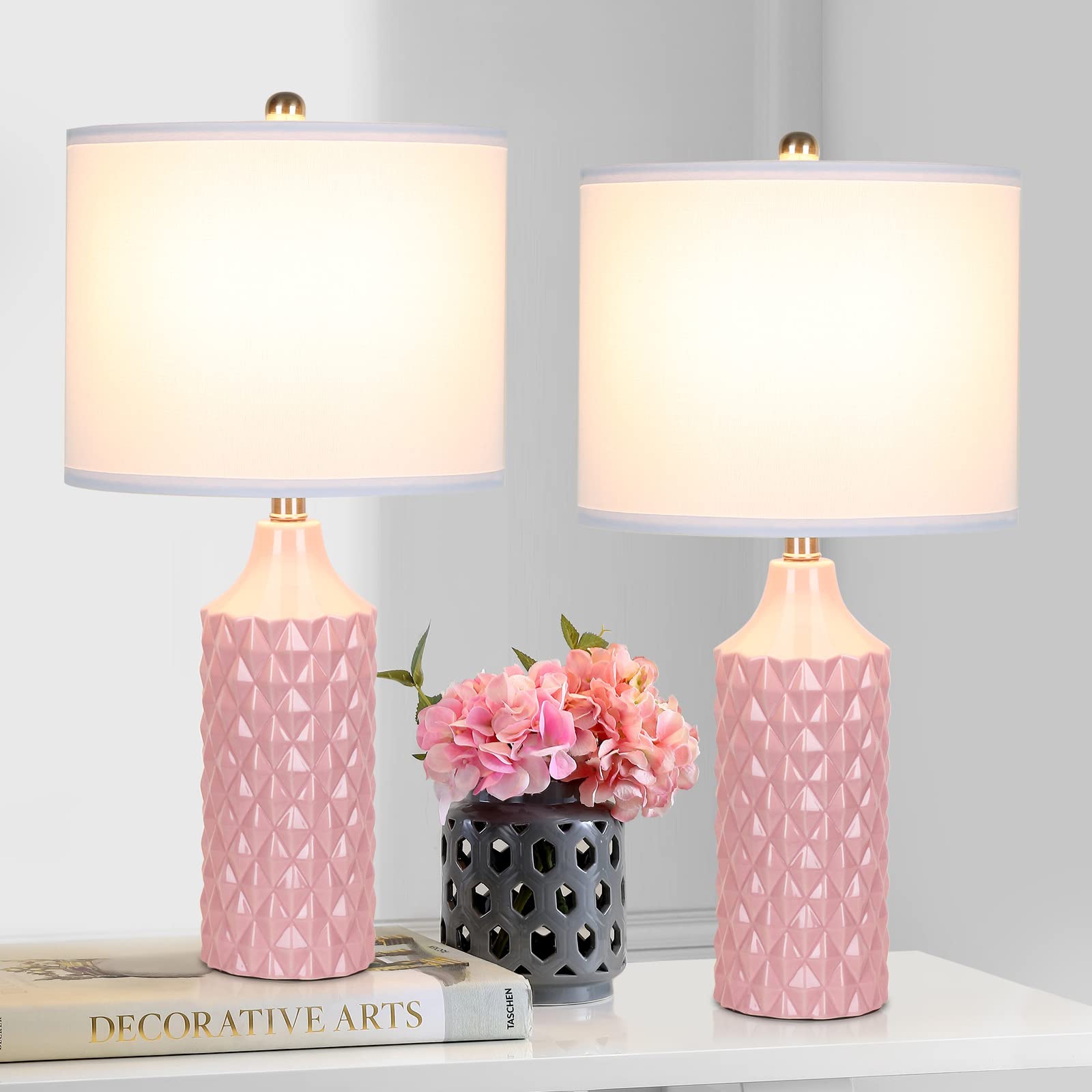 Qingmiao 25&quot; Pink Ceramic Table Lamps Set Of 2, 3-Way Dimmable Nightstand Lighting, Bul