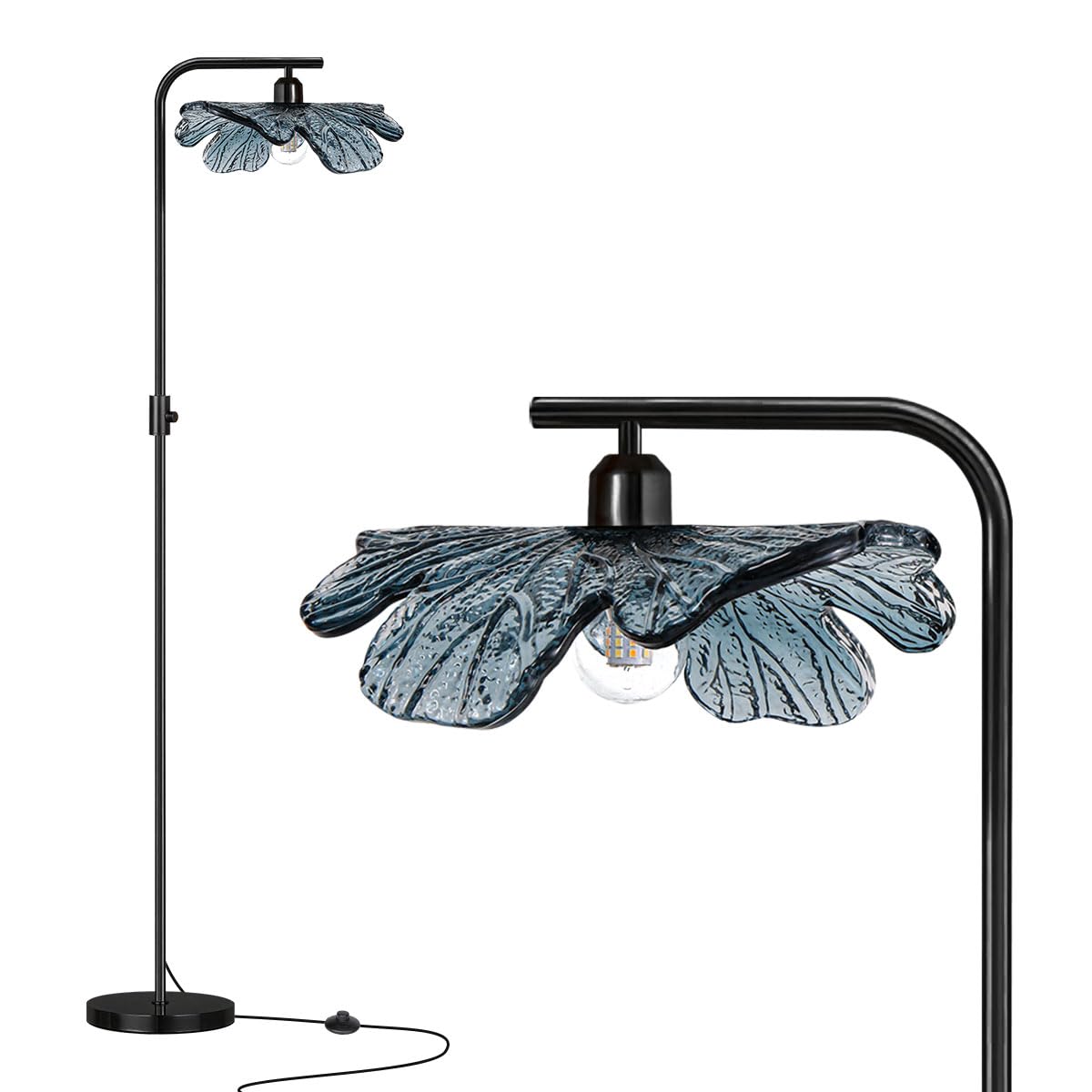 Auwieou Black Dimmable Floor lamp,Tall lamp for Bedroom Corner,mid Century Modern Floor lamp Blue Glass Shade,Standing Lamps Vin